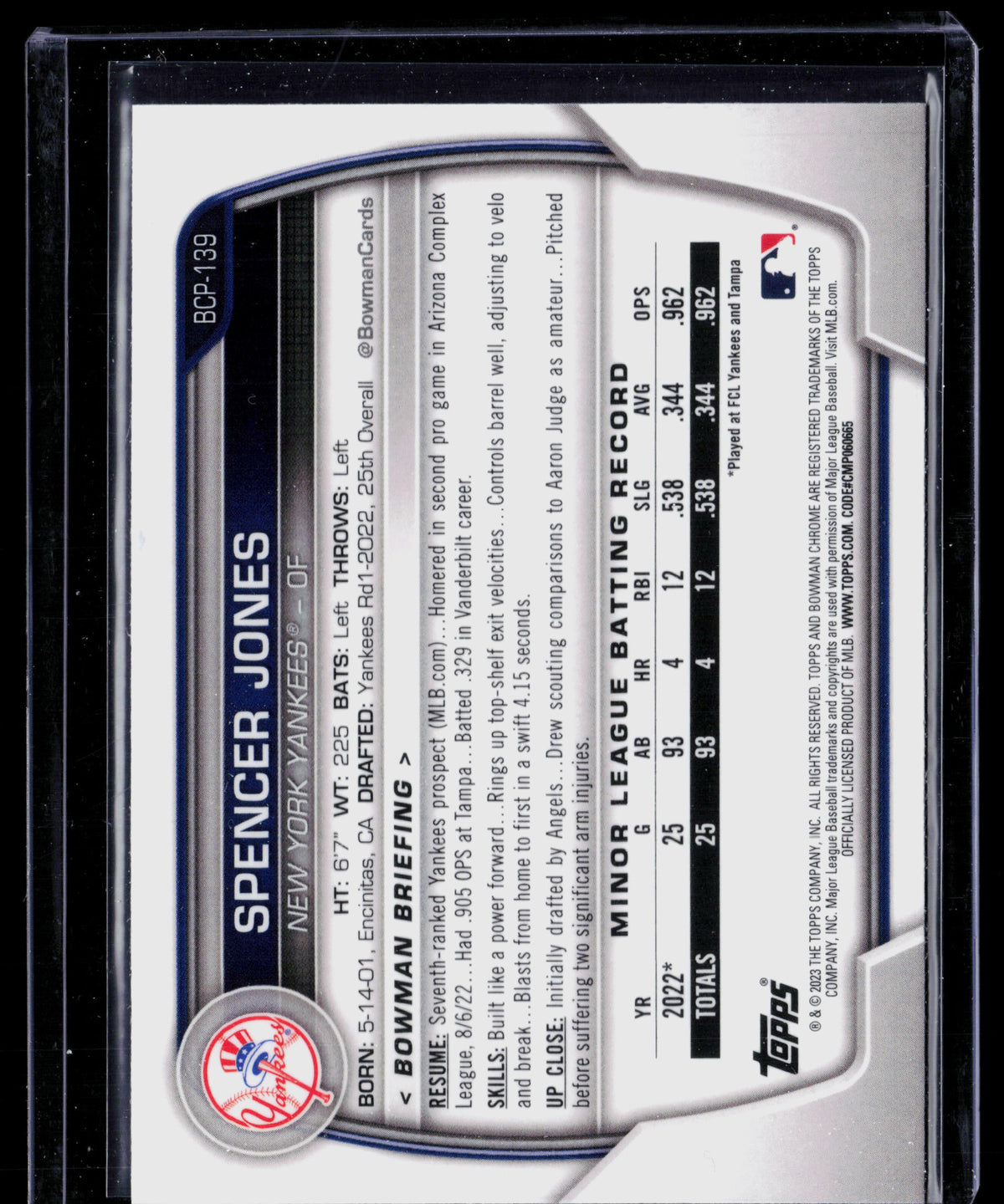 2023 Bowman Chrome Spencer Jones #BCP-139 1st Bowman