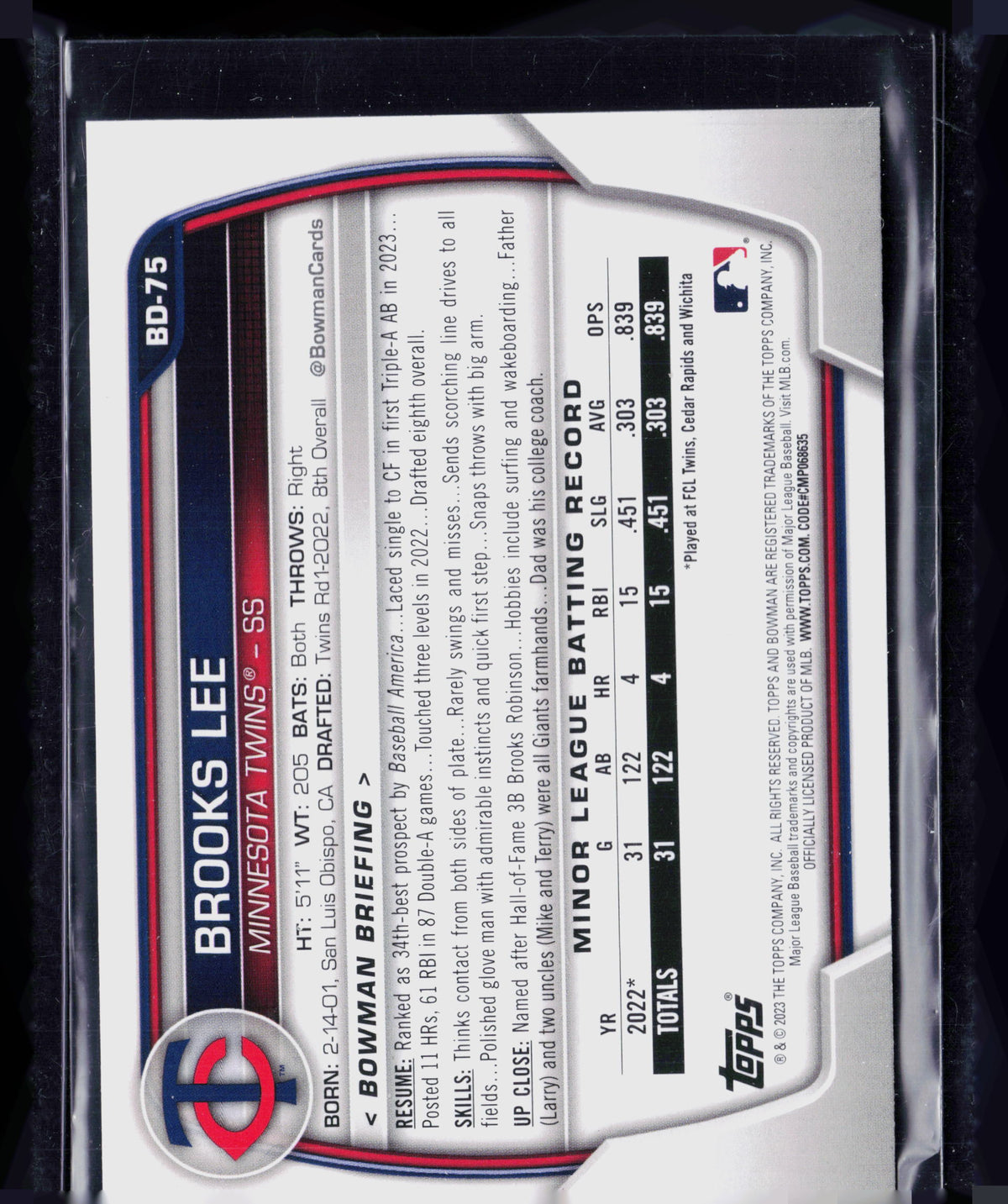 2023 Bowman Draft Brooks Lee #BD-75 Blue