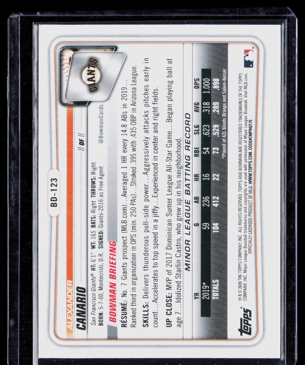 2020 Bowman Draft Alexander Canario #BD-123 Purple Paper 25/250