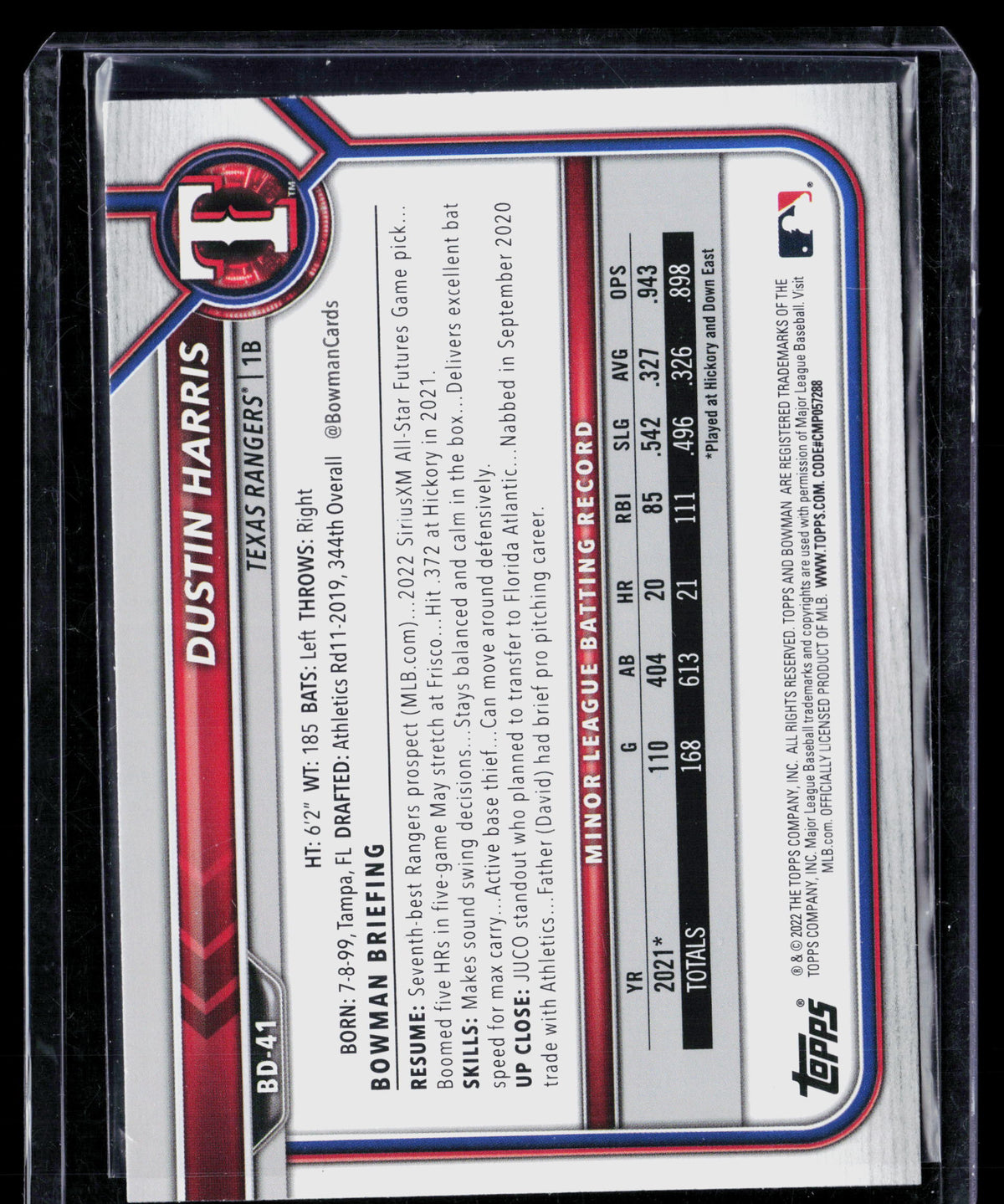 2022 Bowman Draft Dustin Harris #BD-41 Aqua 098/199