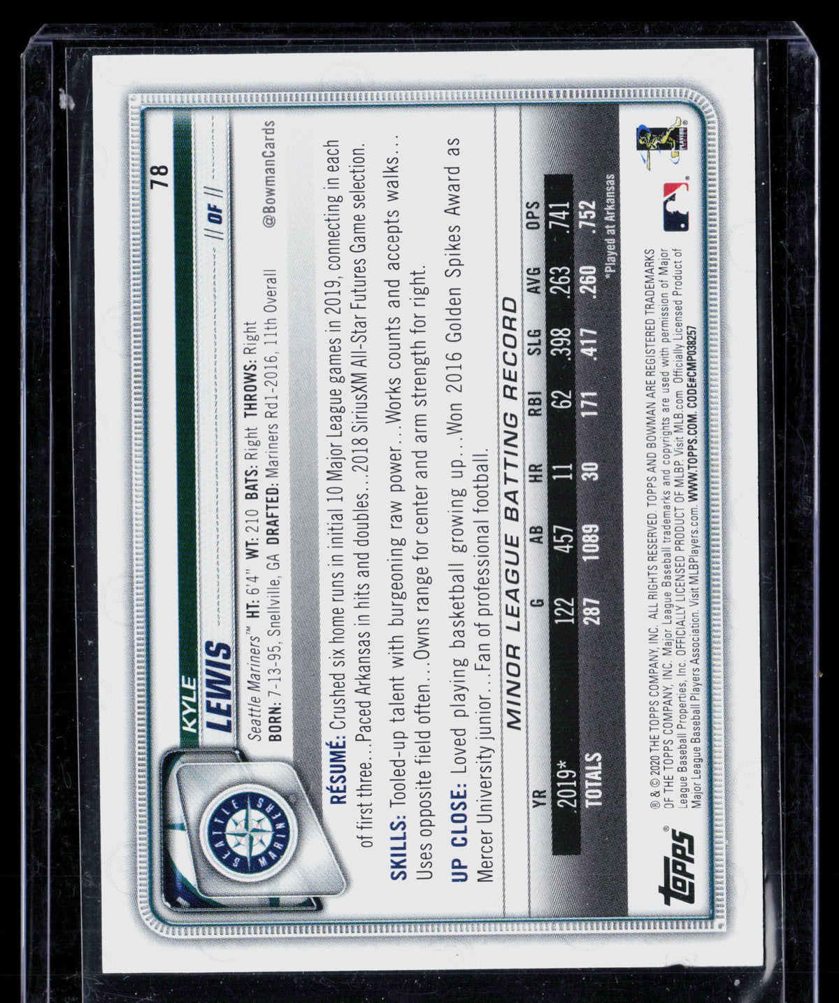 2020 Bowman Kyle Lewis #78 Purple RC 019/250