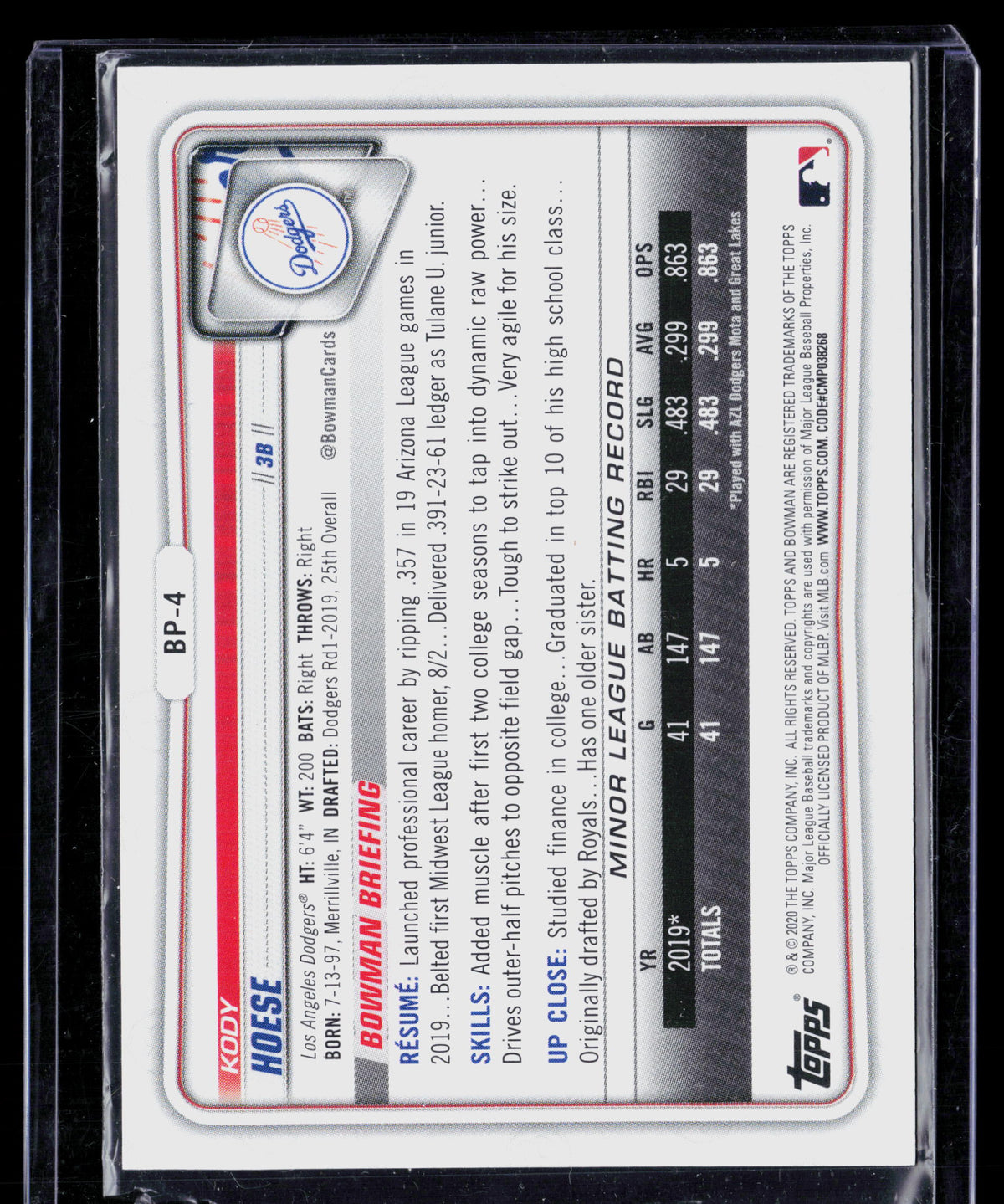 2020 Bowman Prospects Kody Hoese #BP-4 Purple 043/250