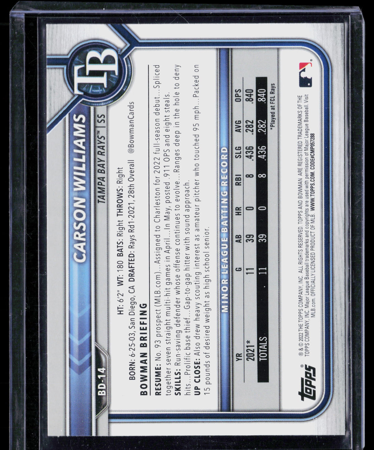 2022 Bowman Draft Carson Williams #BD-14 Aqua 005/199