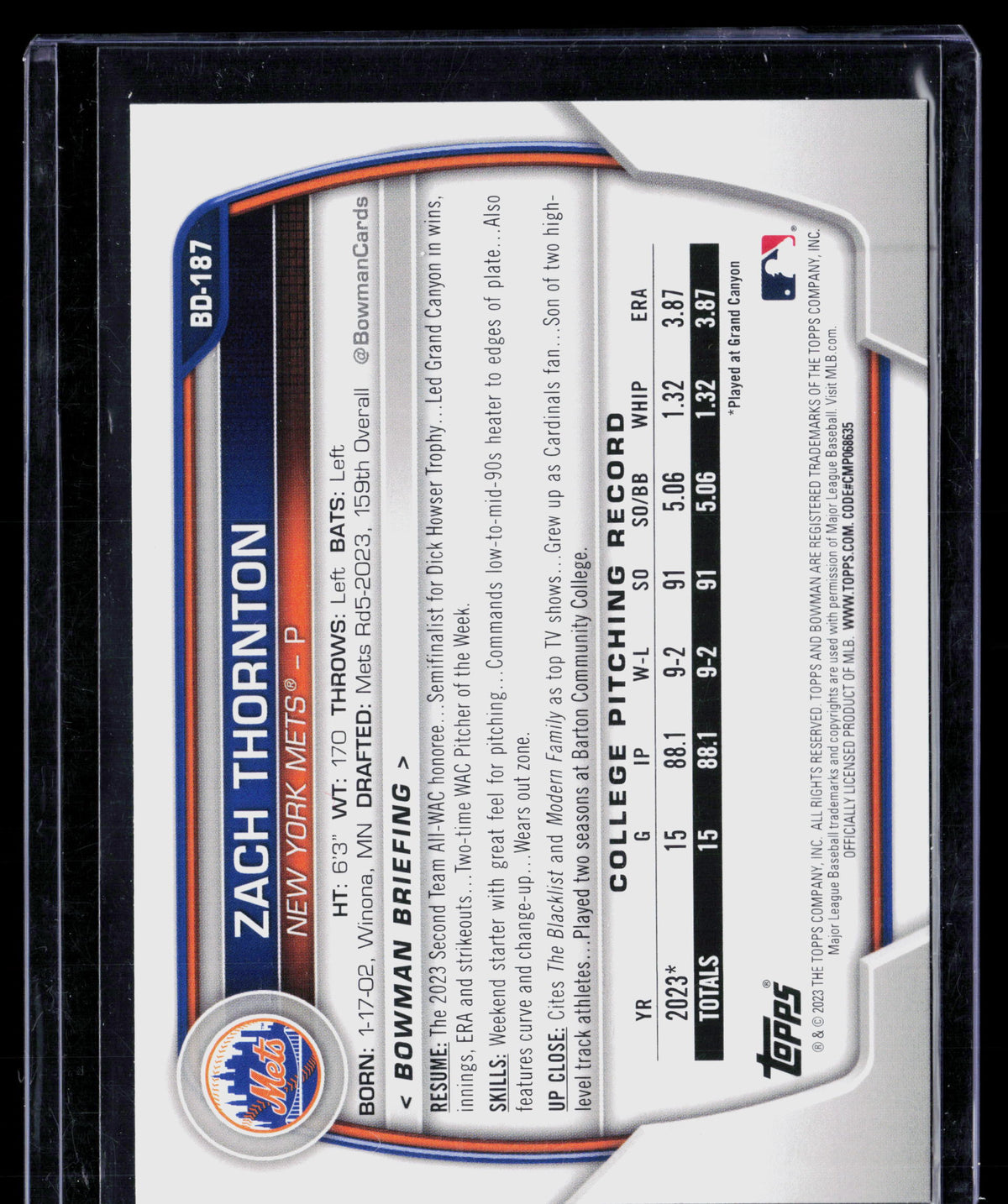 2023 Bowman Draft Zach Thornton #BD-187 Sky Blue 025/499