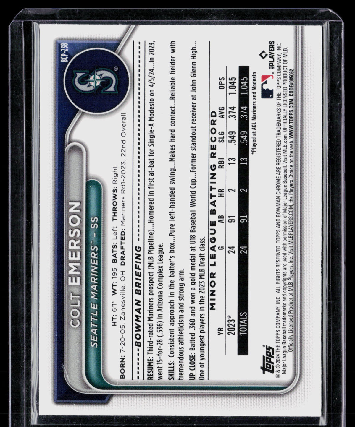 2024 Bowman Chrome Colt Emerson #BCP-230 Speckle Refractor