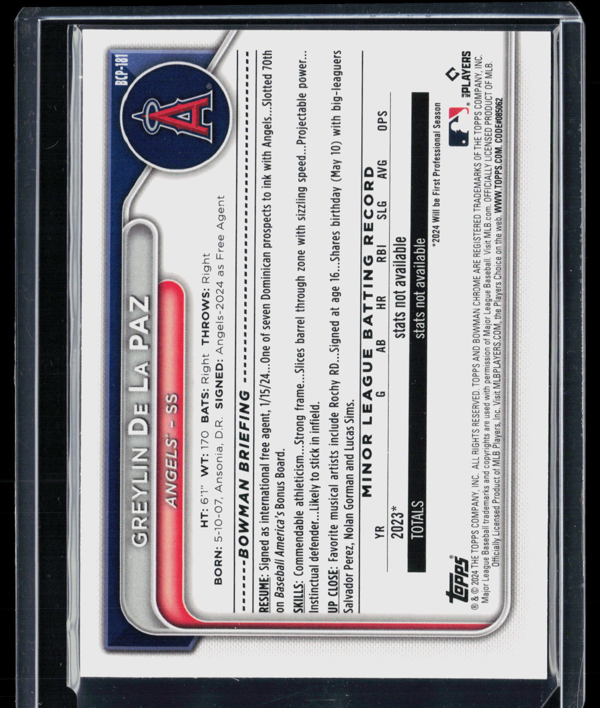 2024 Bowman Chrome Greylin De La Paz #BCP-181