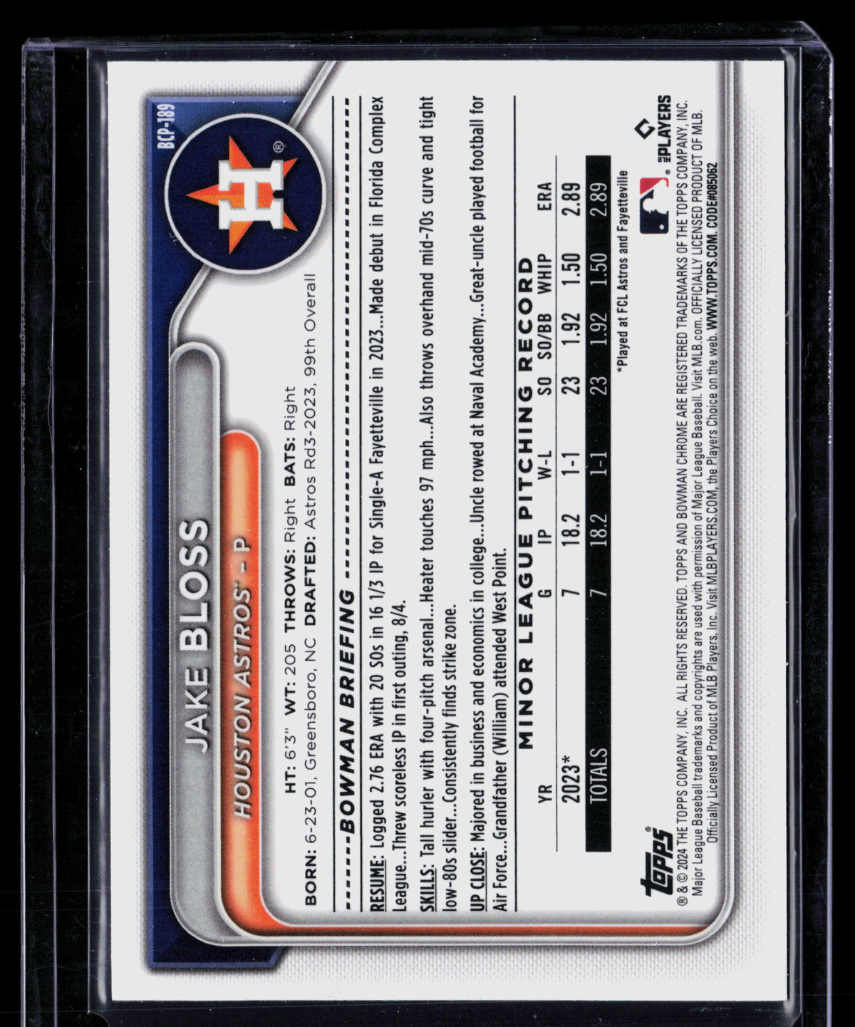 2024 Bowman Chrome Jake Bloss #BCP-189 Green Refractor 93/99