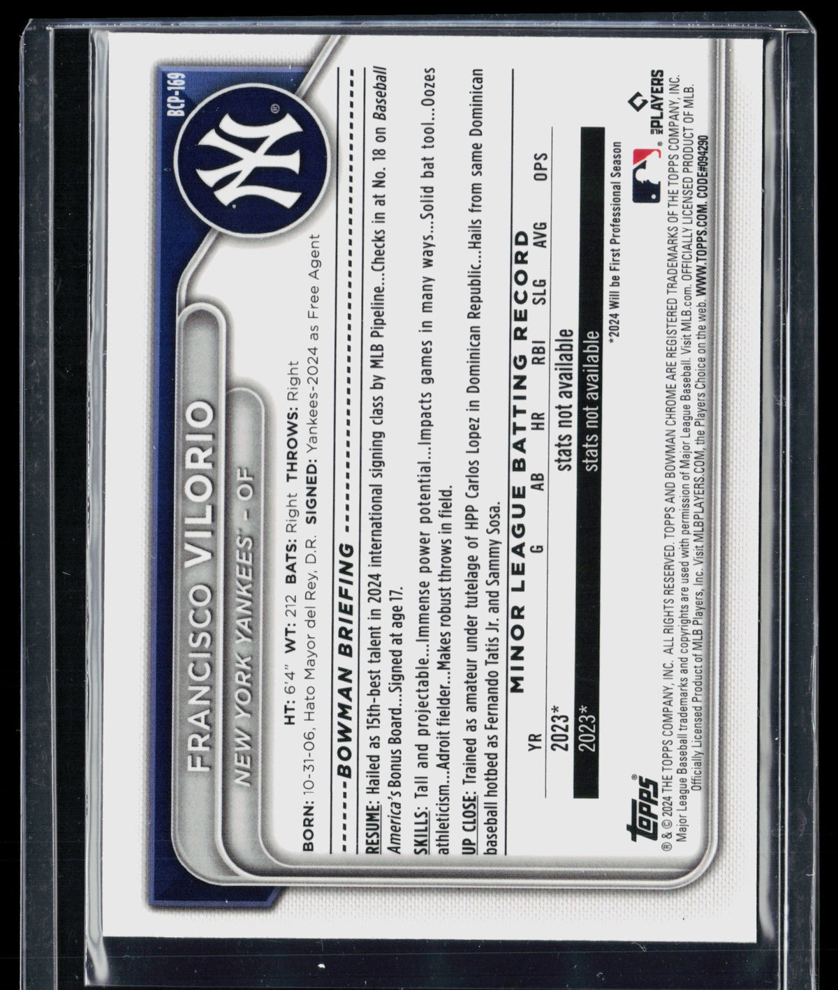 2024 Bowman Chrome Francisco Vilorio #BCP-169 Mega Box Mojo Refractor 1st Bowman
