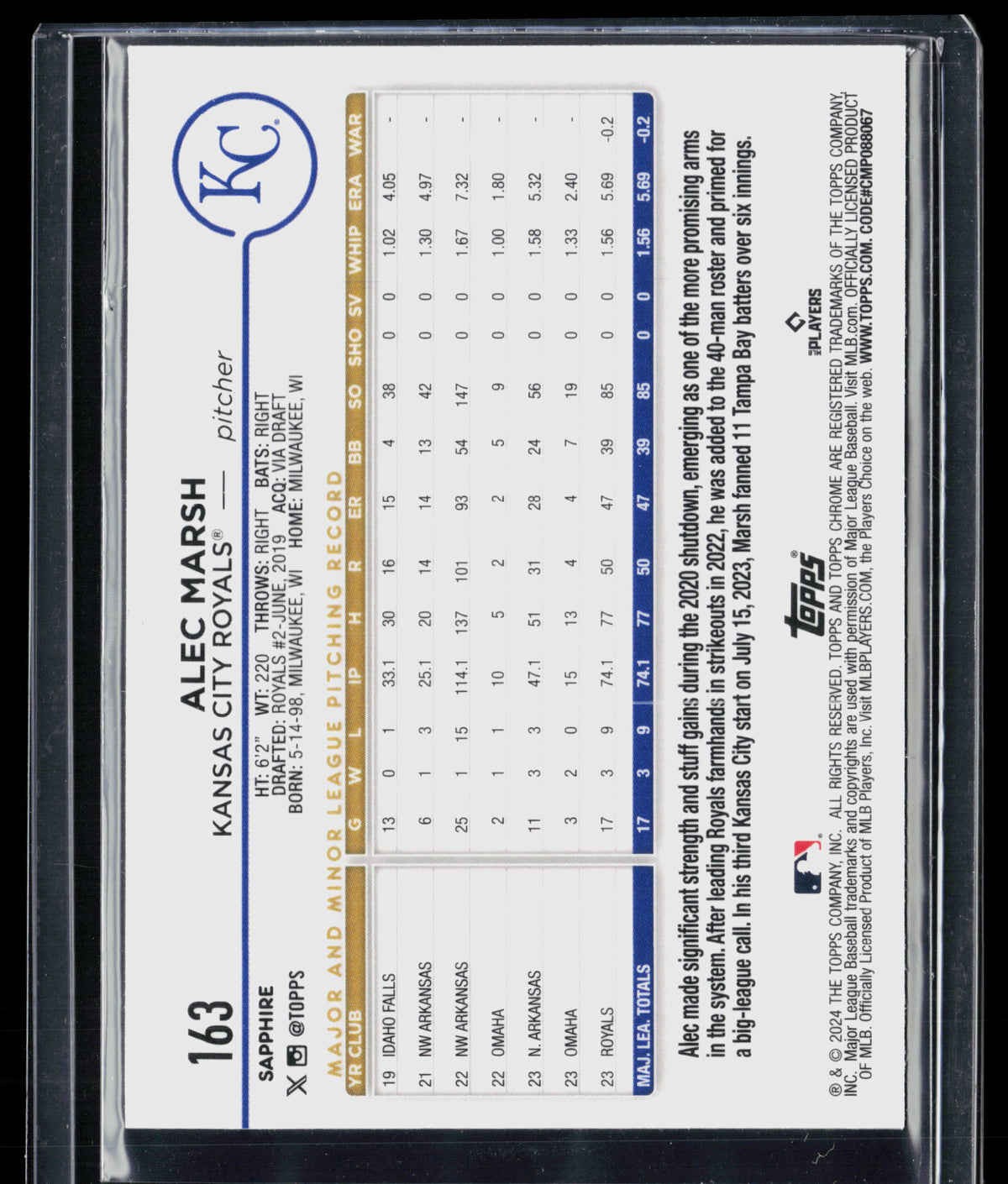 2024 Topps Chrome Sapphire Alec Marsh #163 RC