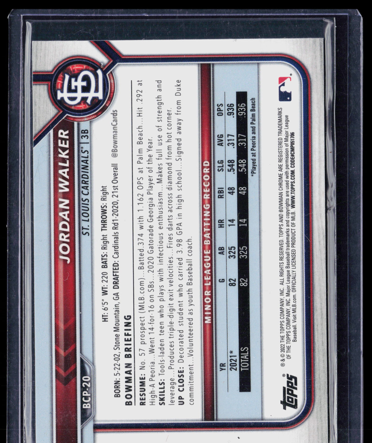2022 Bowman Chrome Prospects Jordan Walker #BCP-20 Blue RayWave Refractor 133/160