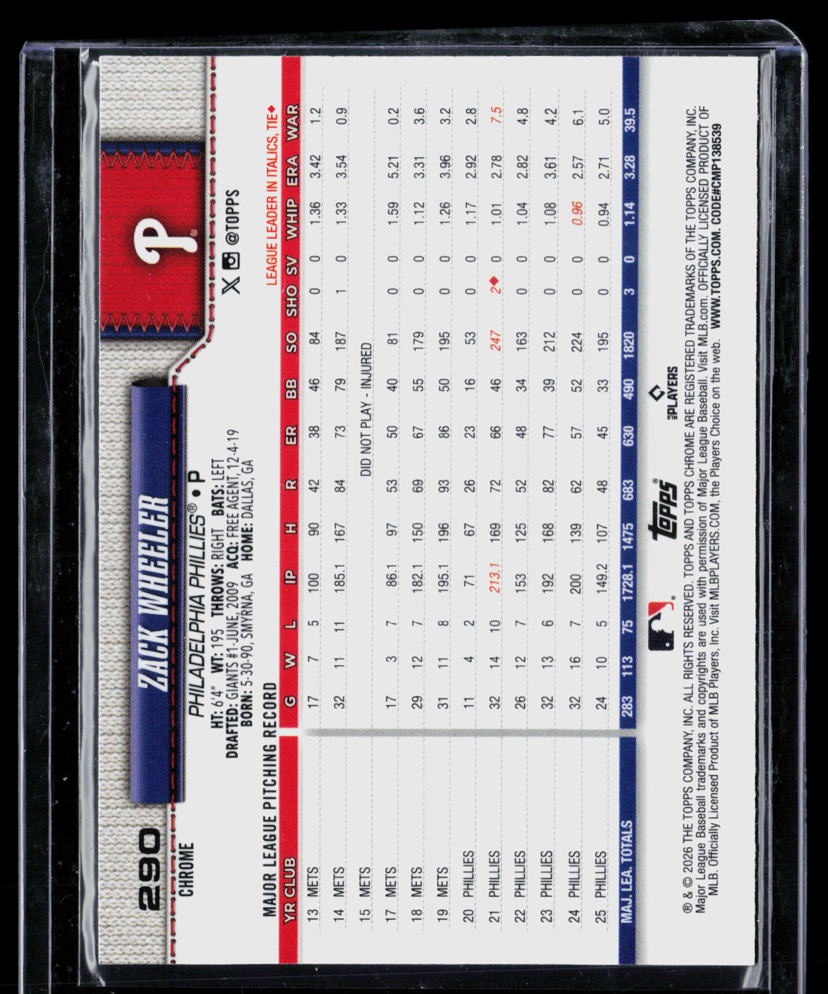 2026 Topps Chrome Zack Wheeler #290