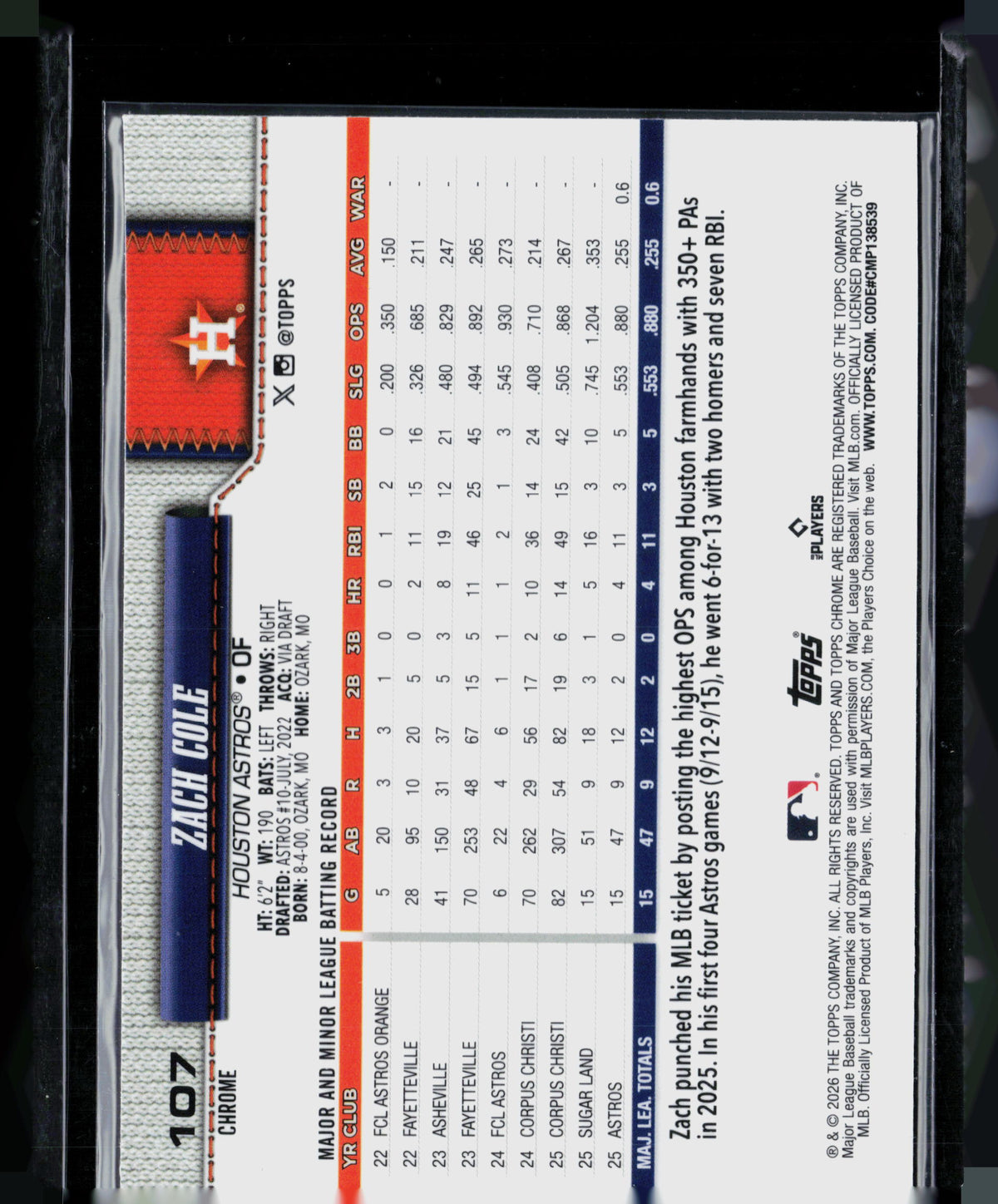 2026 Topps Chrome Zach Cole #107 RC