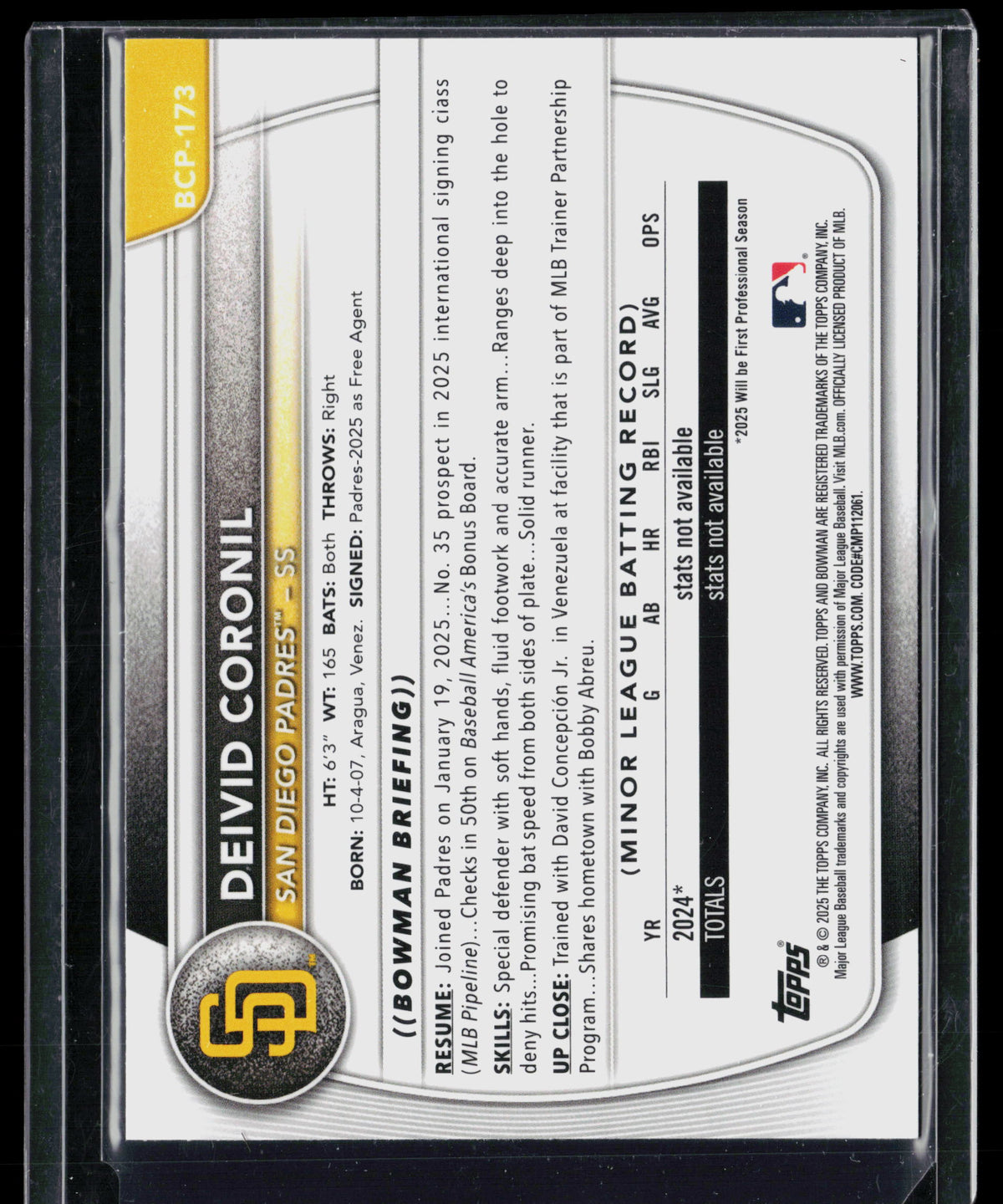 2025 Bowman Chrome Deivid Coronil #BCP-173 Purple Refractor 209/250