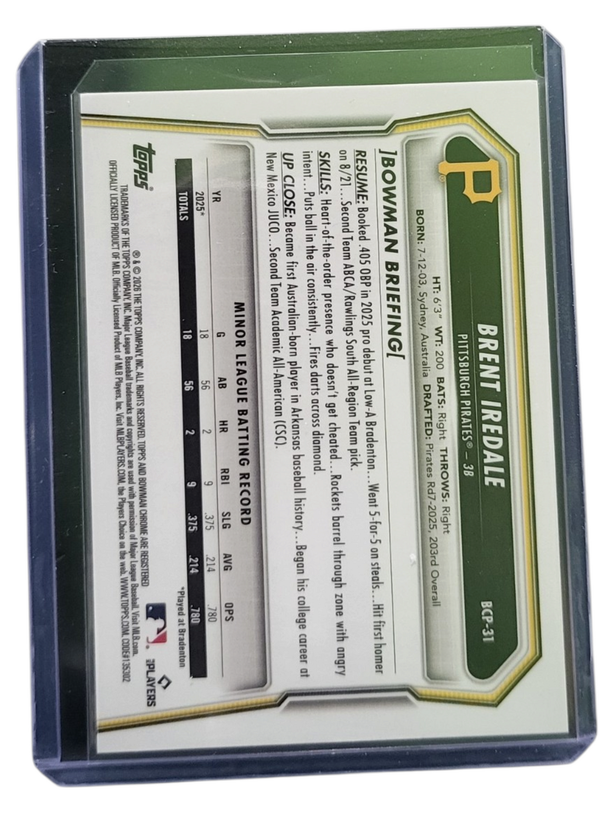 2026 Bowman Chrome Brent Iredale #BCP-31 Green Viper Refractor