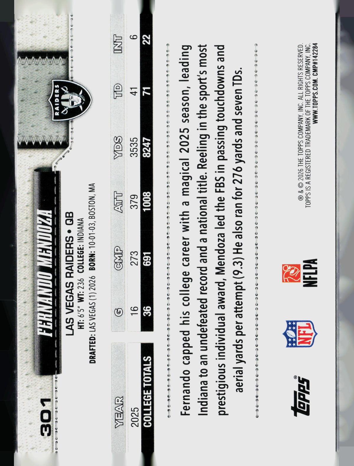 2026 Topps Fernando Mendoza #301 RC