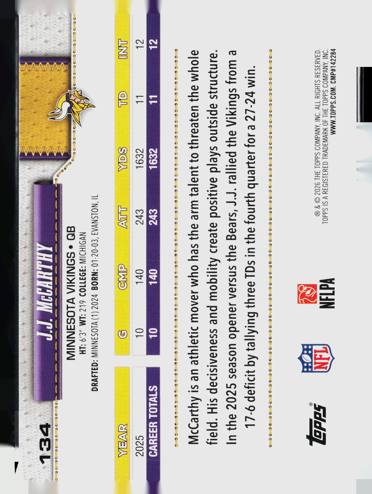 2026 Topps J.J. McCarthy #134