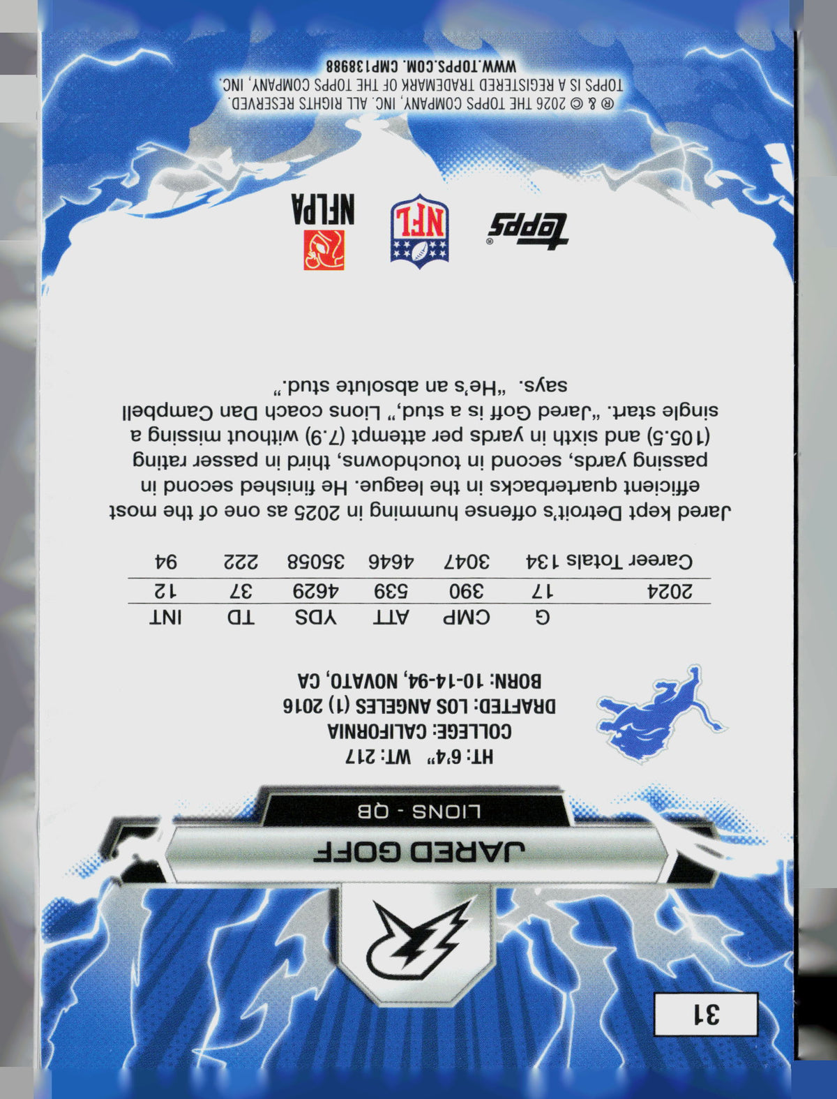 2026 Topps Jared Goff #31