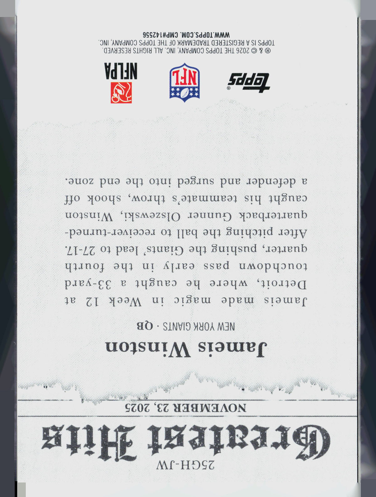 2026 Topps Greatest Hits Jameis Winston #25GH-JW