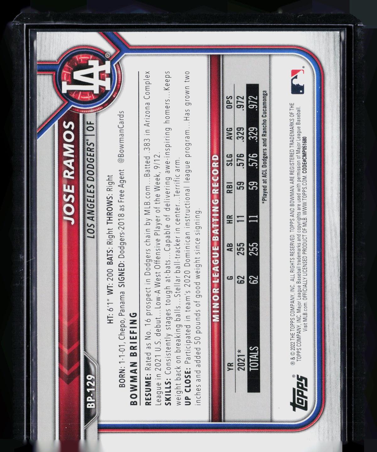 2022 Bowman Prospects Jose Ramos #BP-129 Green 053/399
