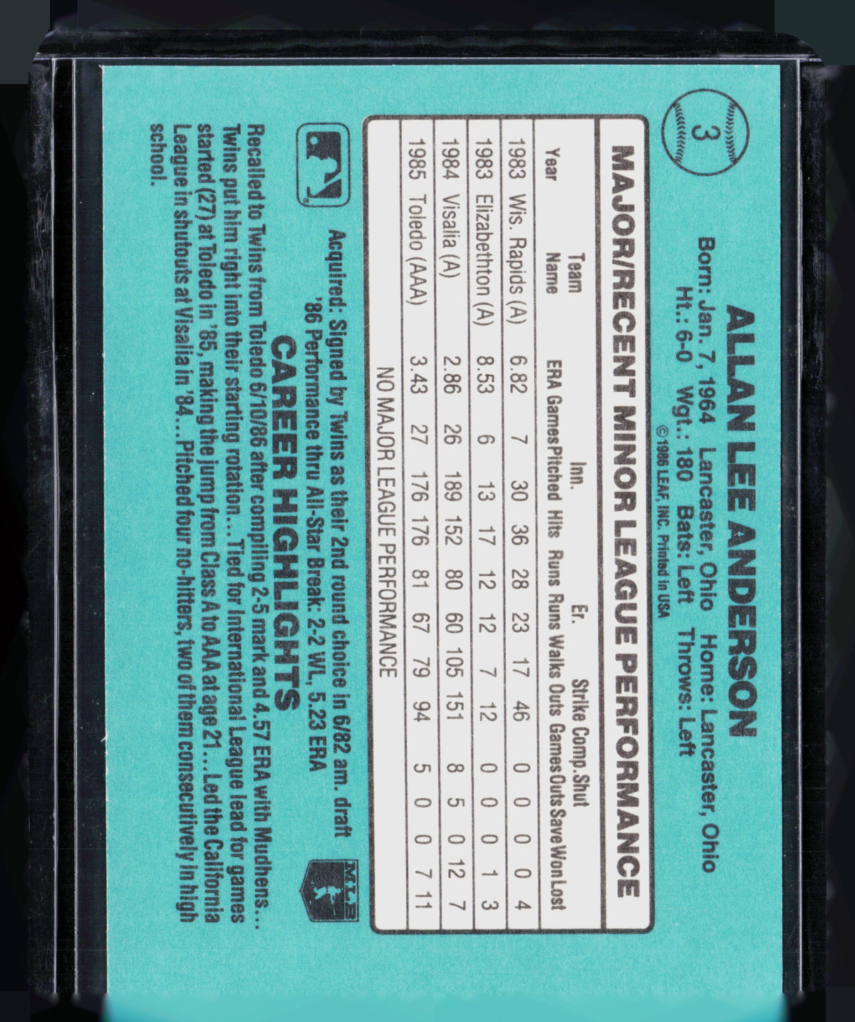 1986 Donruss The Rookies Allan Anderson #3