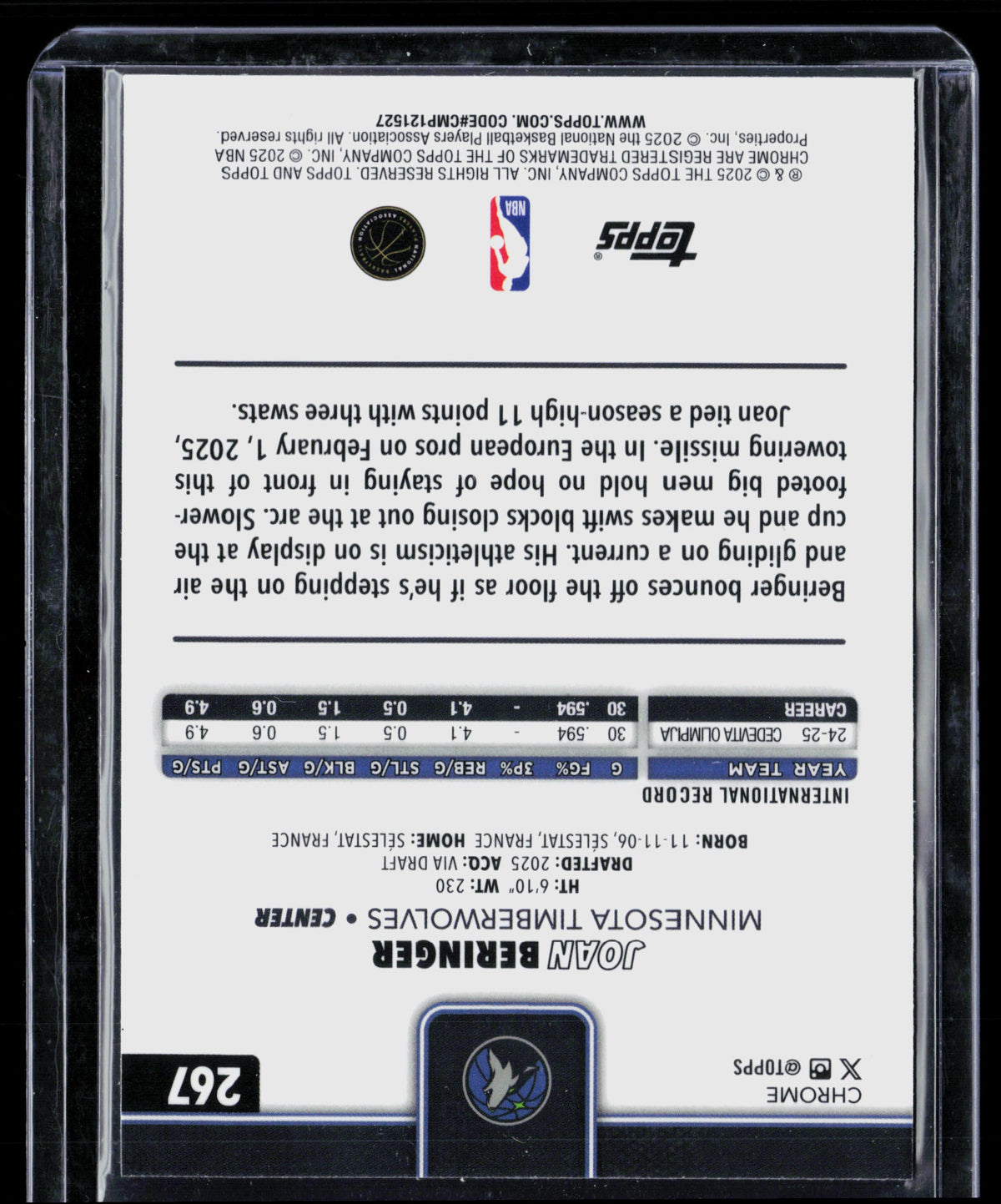 2025 Topps Chrome Basketball Joan Beringer #267 RC