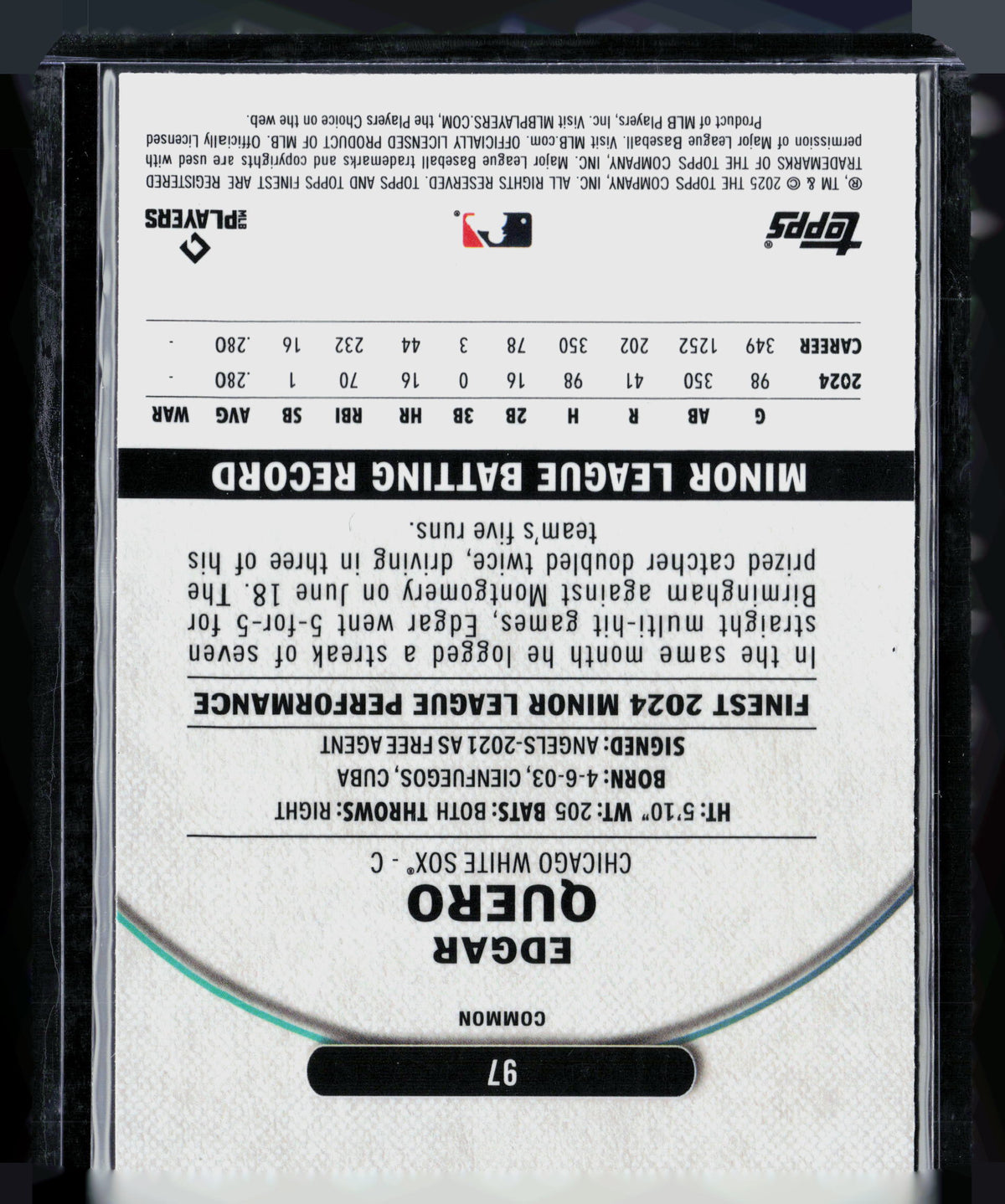 2025 Topps Finest Edgar Quero #97 RC