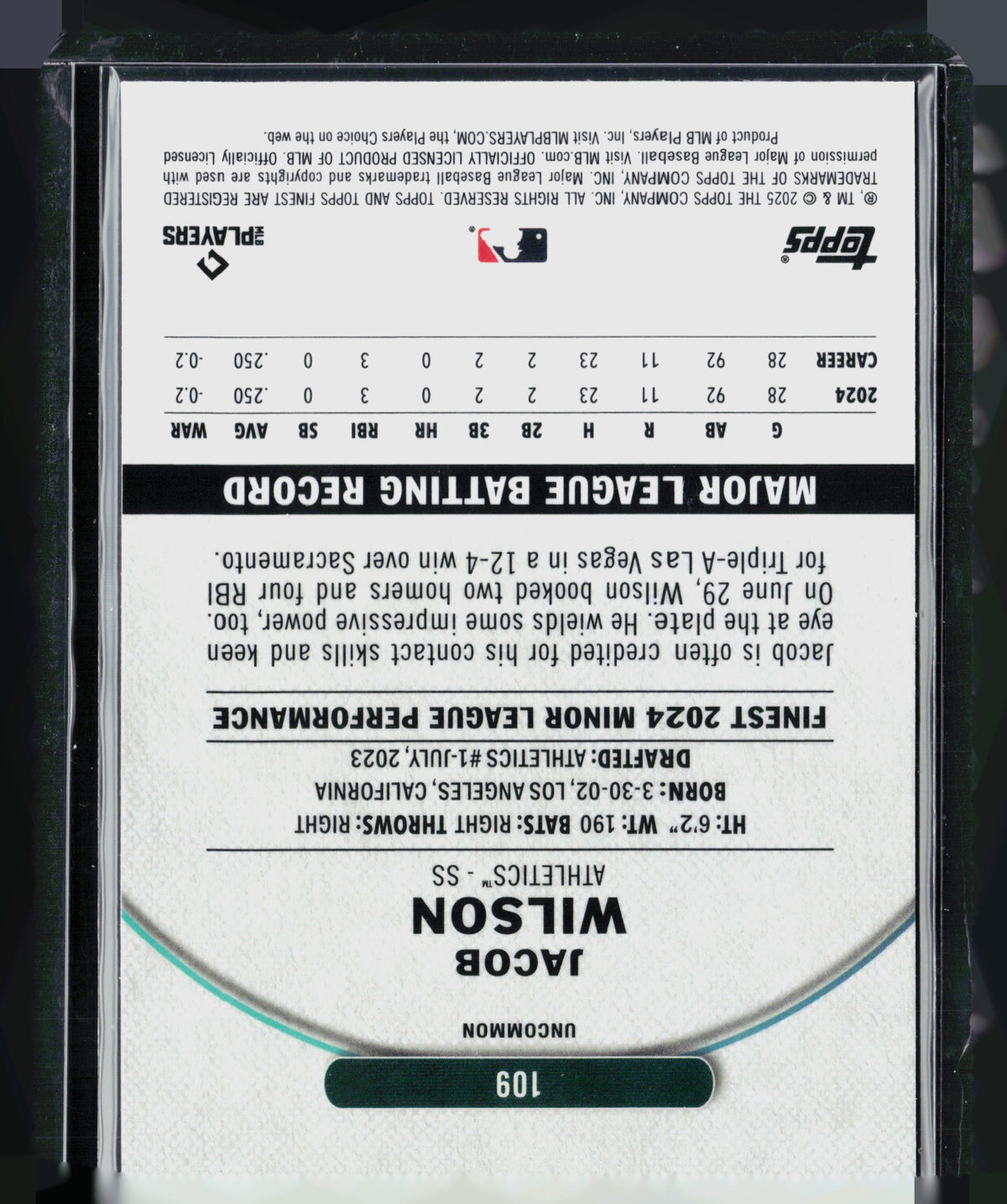 2025 Topps Finest Jacob Wilson #109 RC