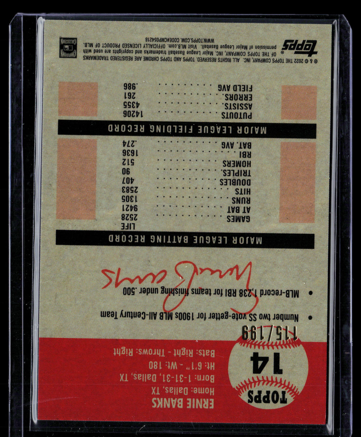 2022 Topps Chrome Platinum Anniversary Ernie Banks #14 Blue Mini-Diamond Refractor 115/199