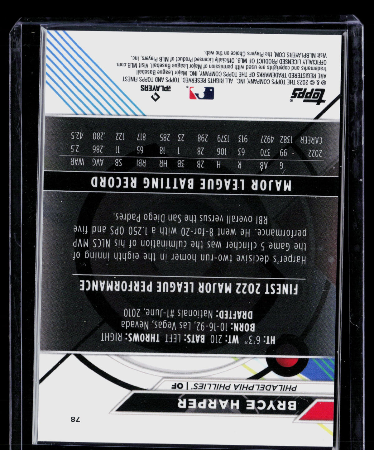 2023 Topps Finest Bryce Harper #78 Sky Blue Refractor 229/300
