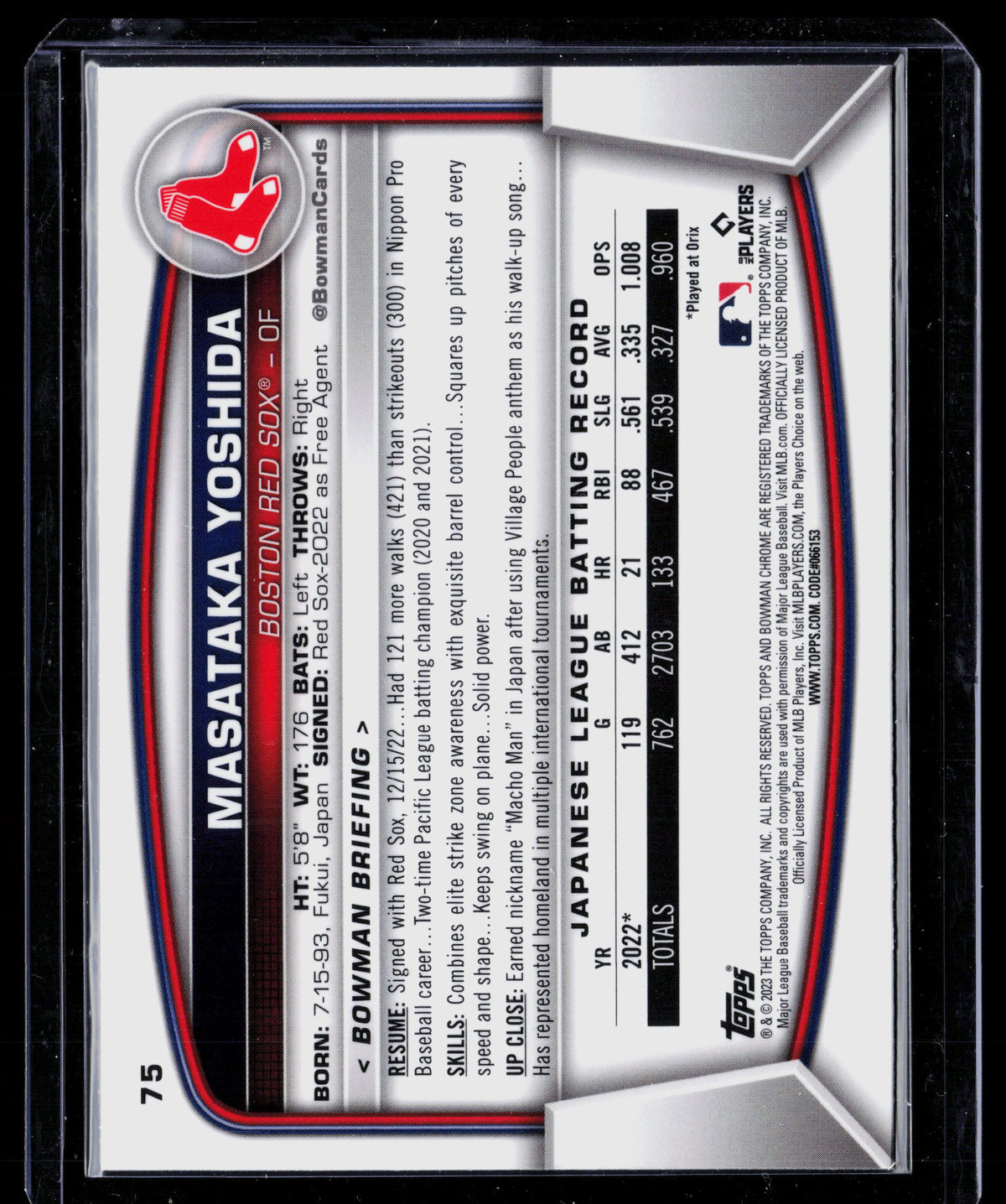 2023 Bowman Chrome Masataka Yoshida #75 Sapphire RC