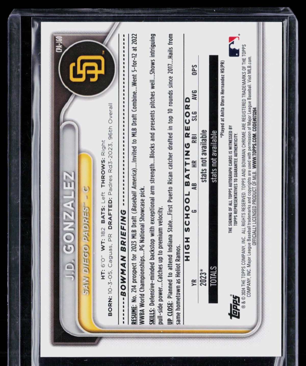2024 Bowman Chrome J.D. Gonzalez #CPA-JGO
