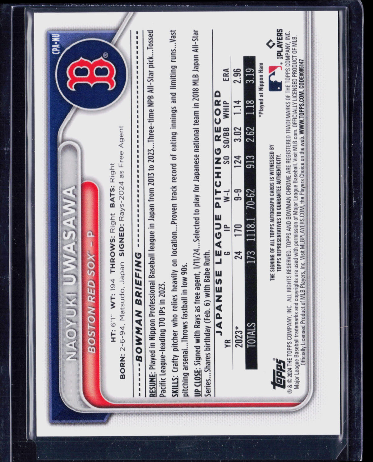 2024 Bowman Chrome Naoyuki Uwasawa #CPA-NU