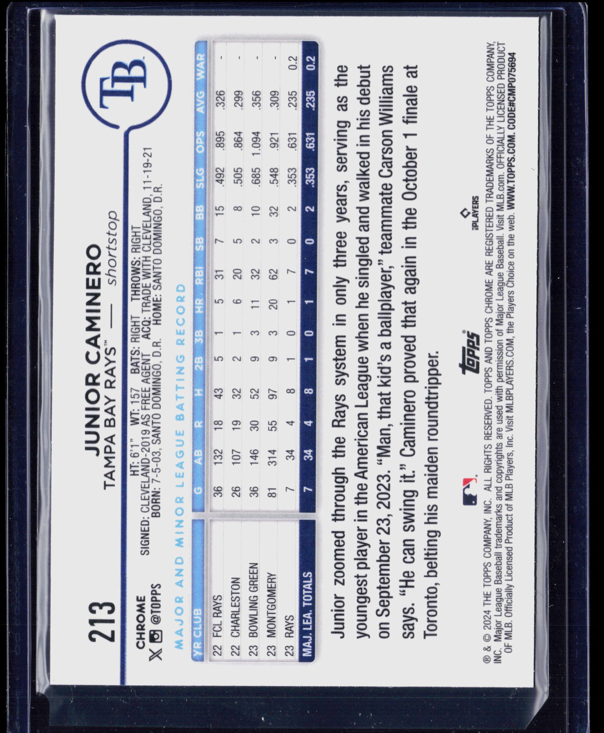 2024 Topps Chrome Junior Caminero #213 Lightboard Logo RC