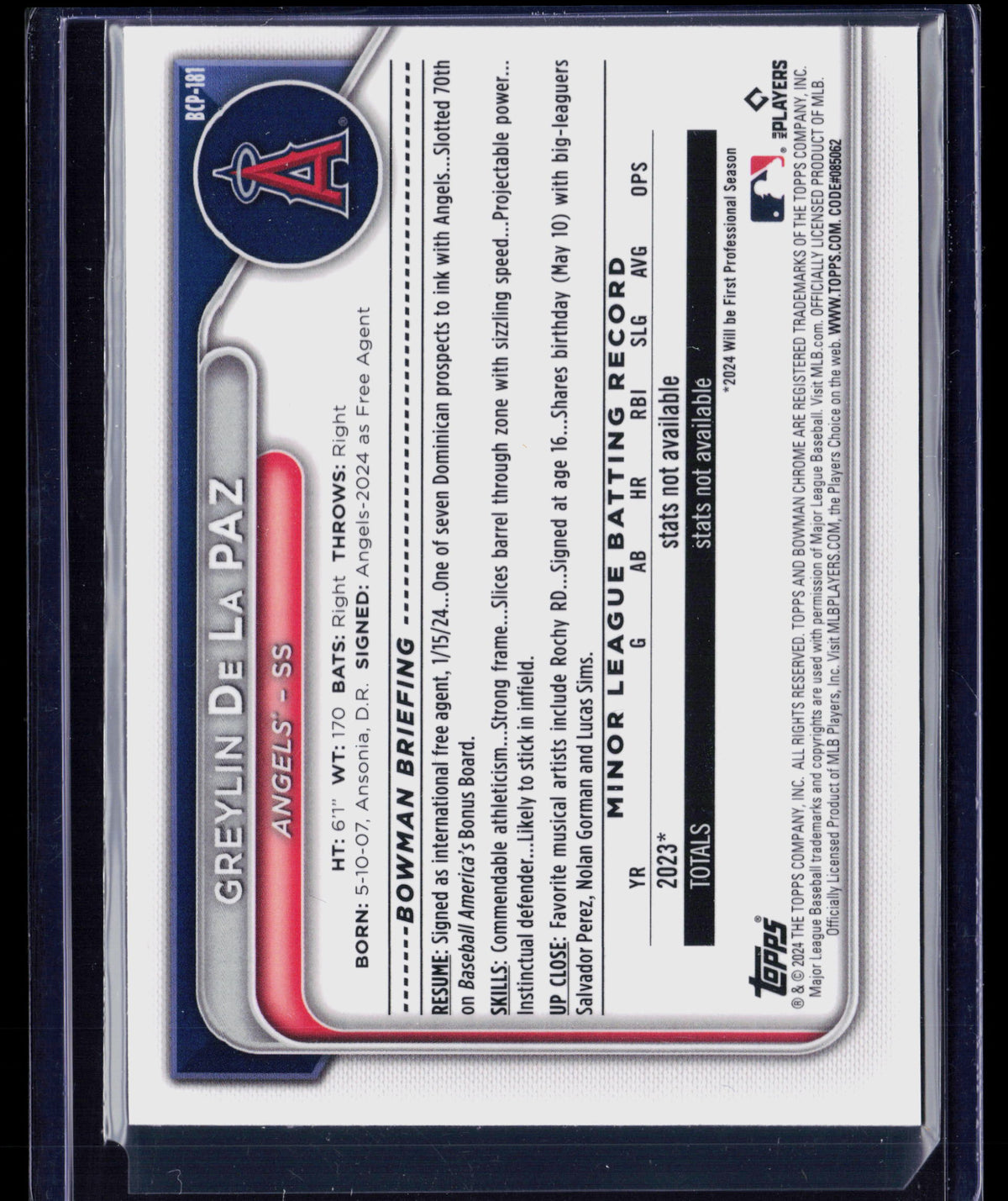 2024 Bowman Chrome Greylin De La Paz #BCP-181