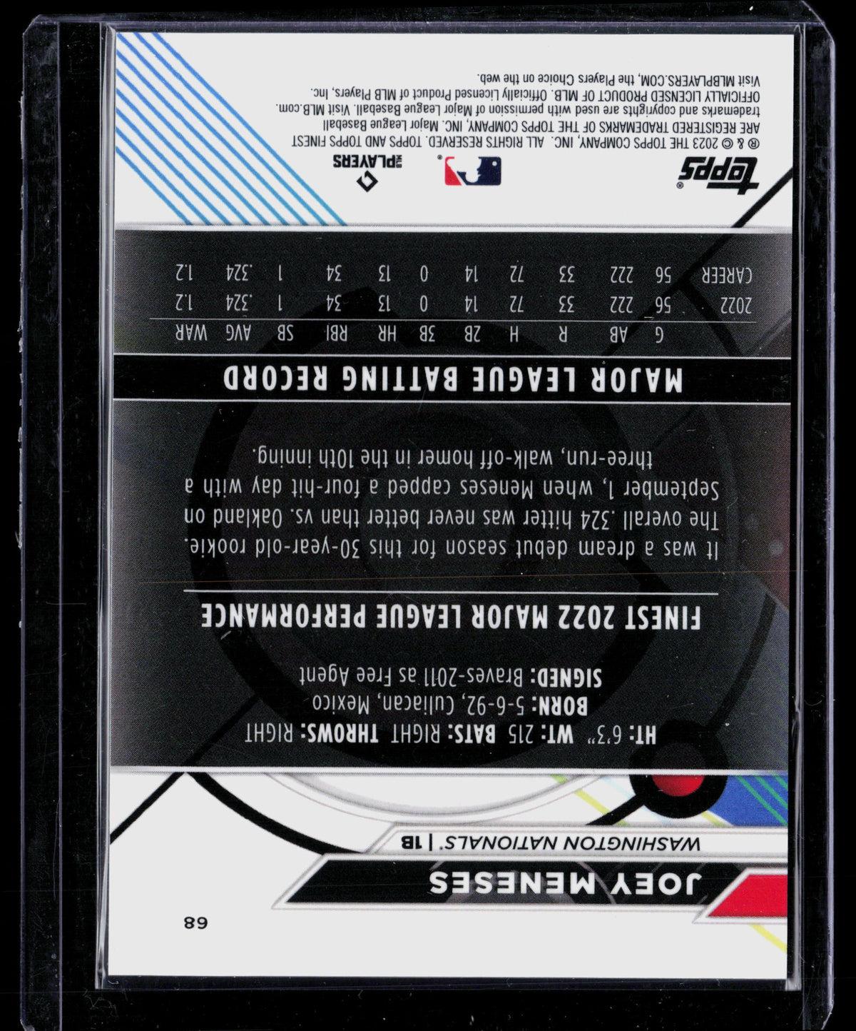 2023 Topps Finest Joey Meneses #68 Sky Blue Refractor 206/300