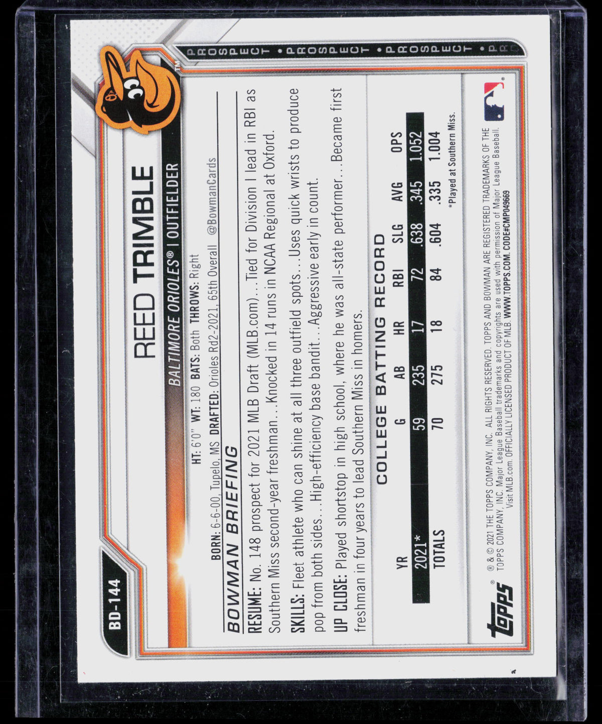 2021 Bowman Draft Reed Trimble #BD-144