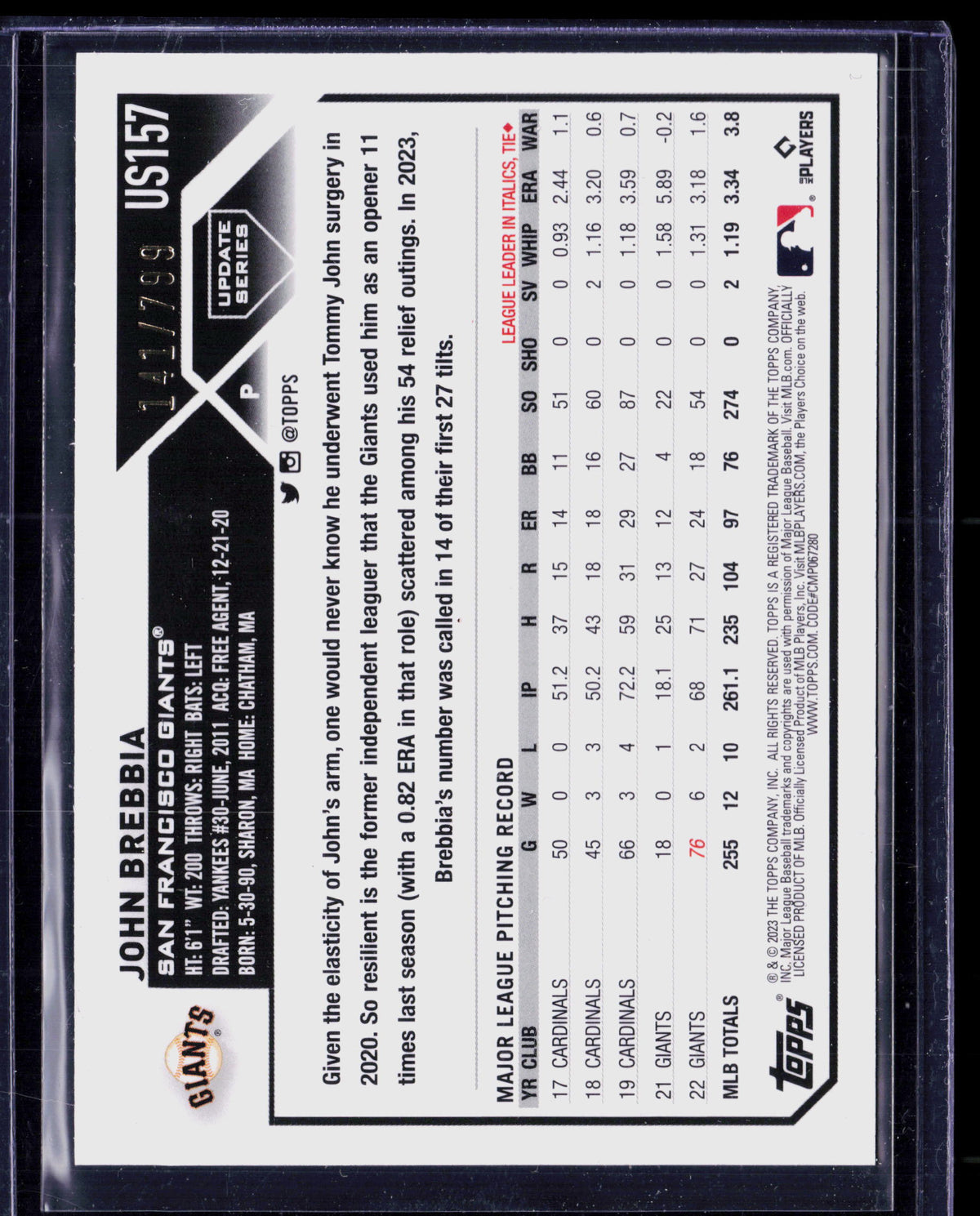 2023 Topps Update Series John Brebbia #US157 Purple Foil
