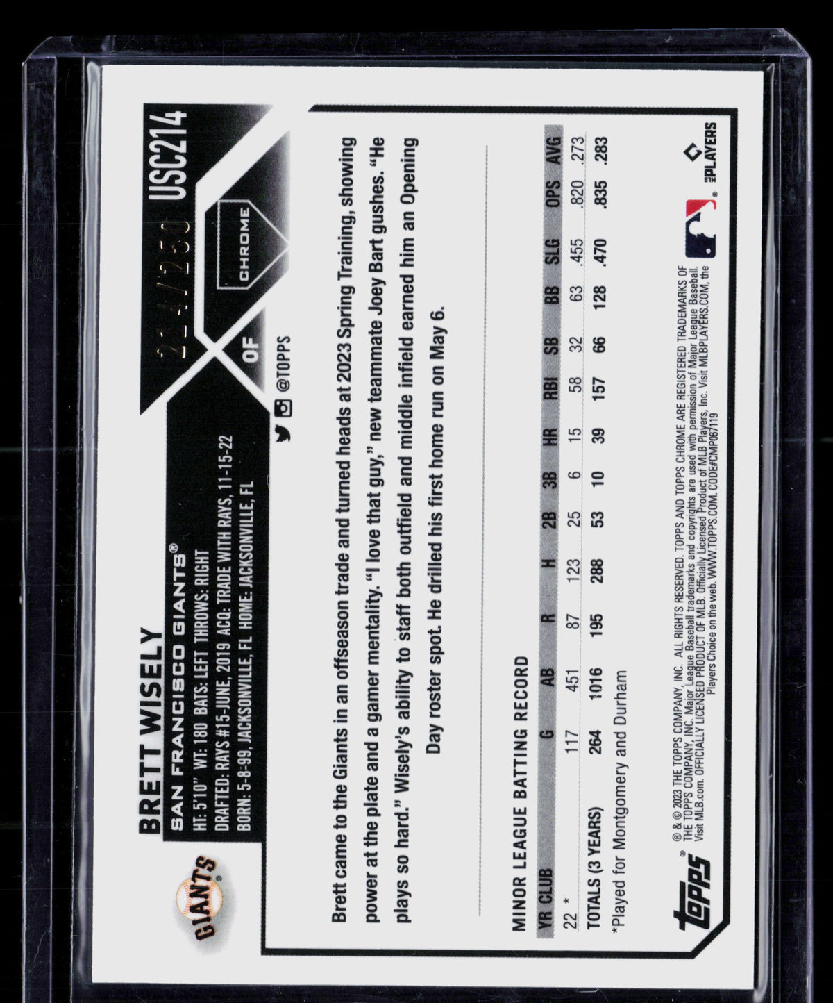 2023 Topps Chrome Update Series Brett Wisely #USC214 Purple RC