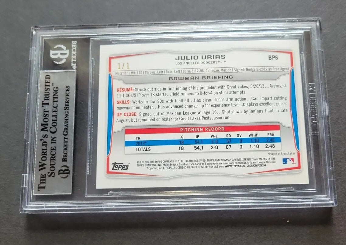 2014 Bowman Julio Urías #BP6 White Ice Rookie BGS 9