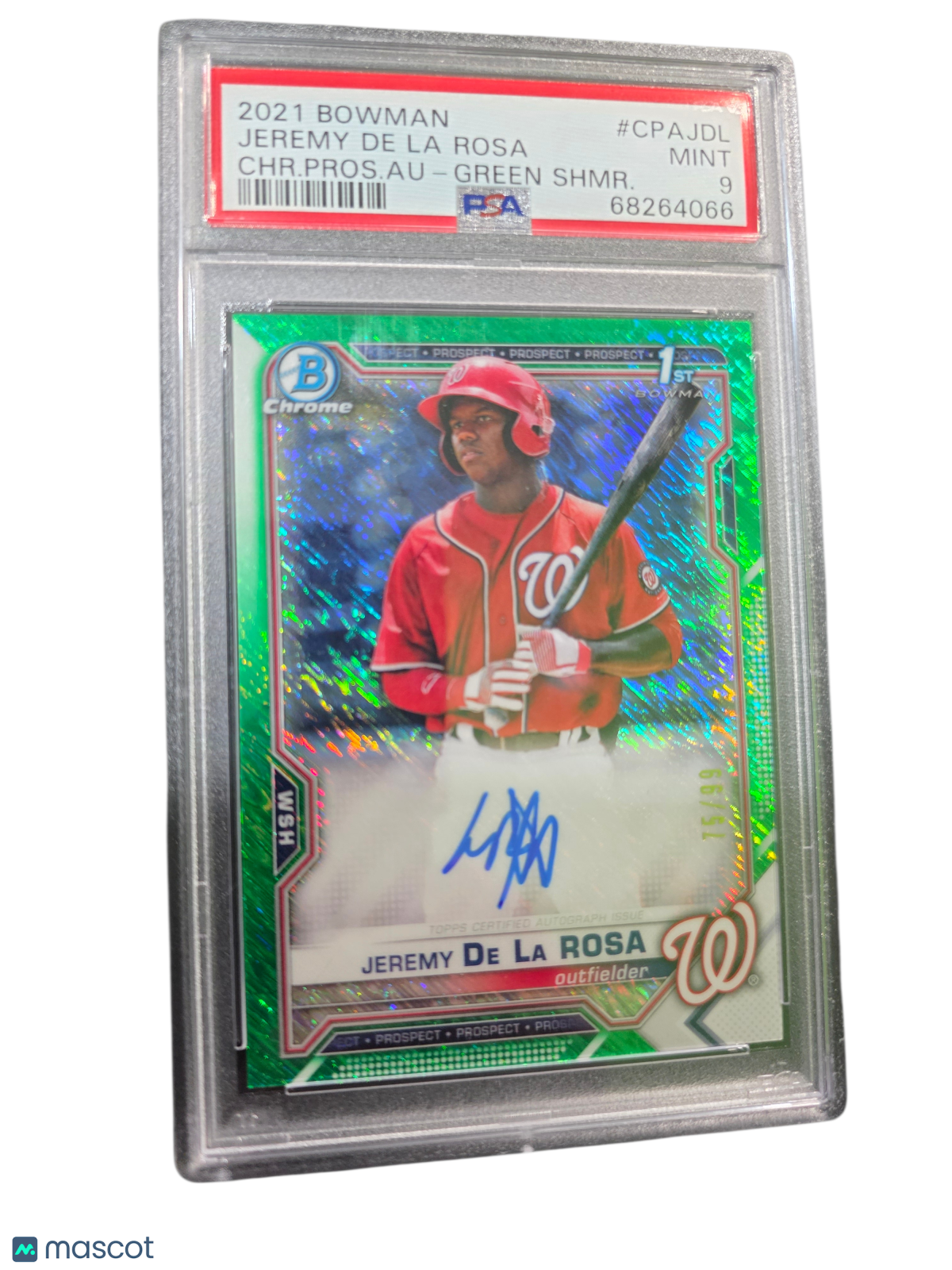 2021 Bowman Chrome Prospect Auto Jeremy De La Rosa #CPAJL Green Shmr. PSA 9