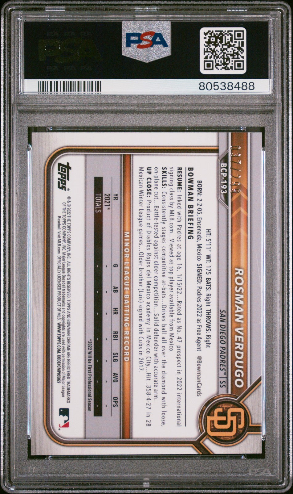 2022 BOWMAN CHROME PROSPECTS ROSMAN VERDUGO #BCP193 SPECKLE REFRACTOR PSA 8