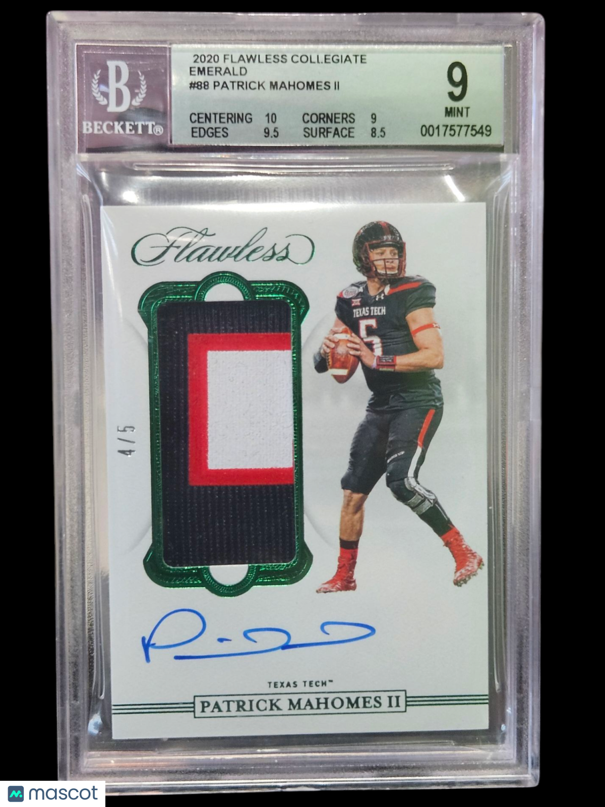 2020 Panini Flawless Collegiate Emerald Patrick Mahomes II #88 BGS 9 Auto 10