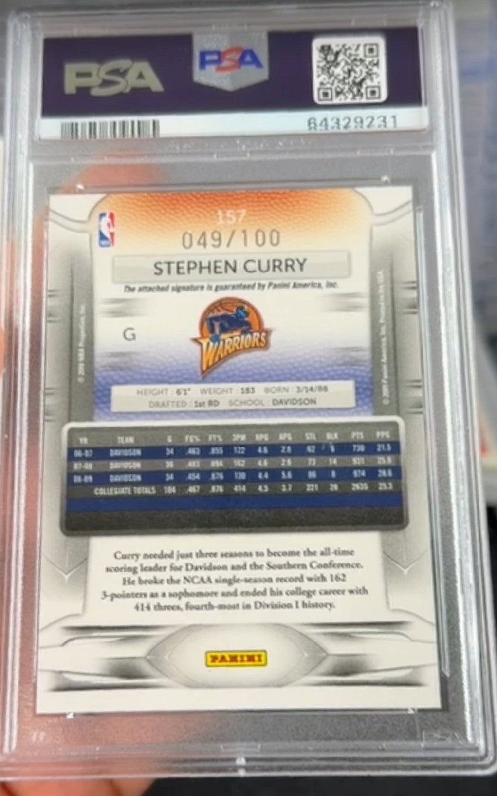 2009 Panini Prestige Stephen Curry #157 D. P. Light Blue Autograph PSA 9 # /100