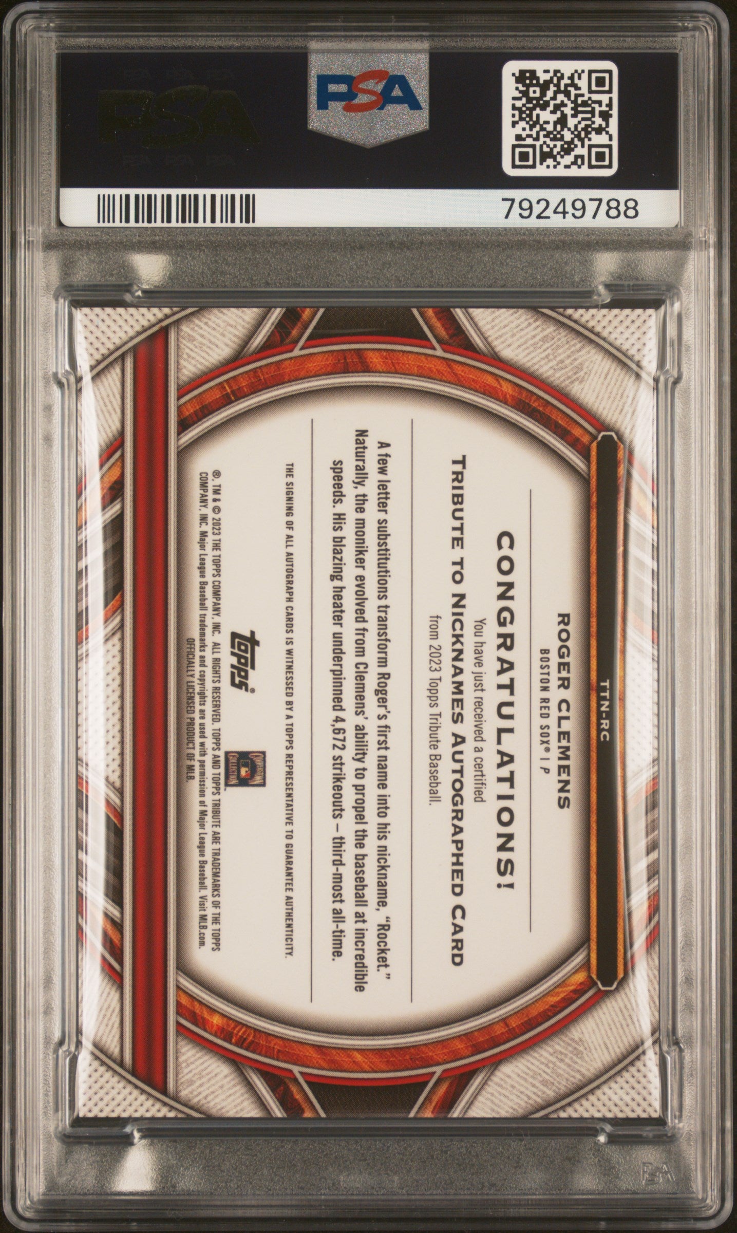 2023 Topps Tribute  To Nicknames Auto Roger Clemens #TTNRC RD PSA  Auto 10