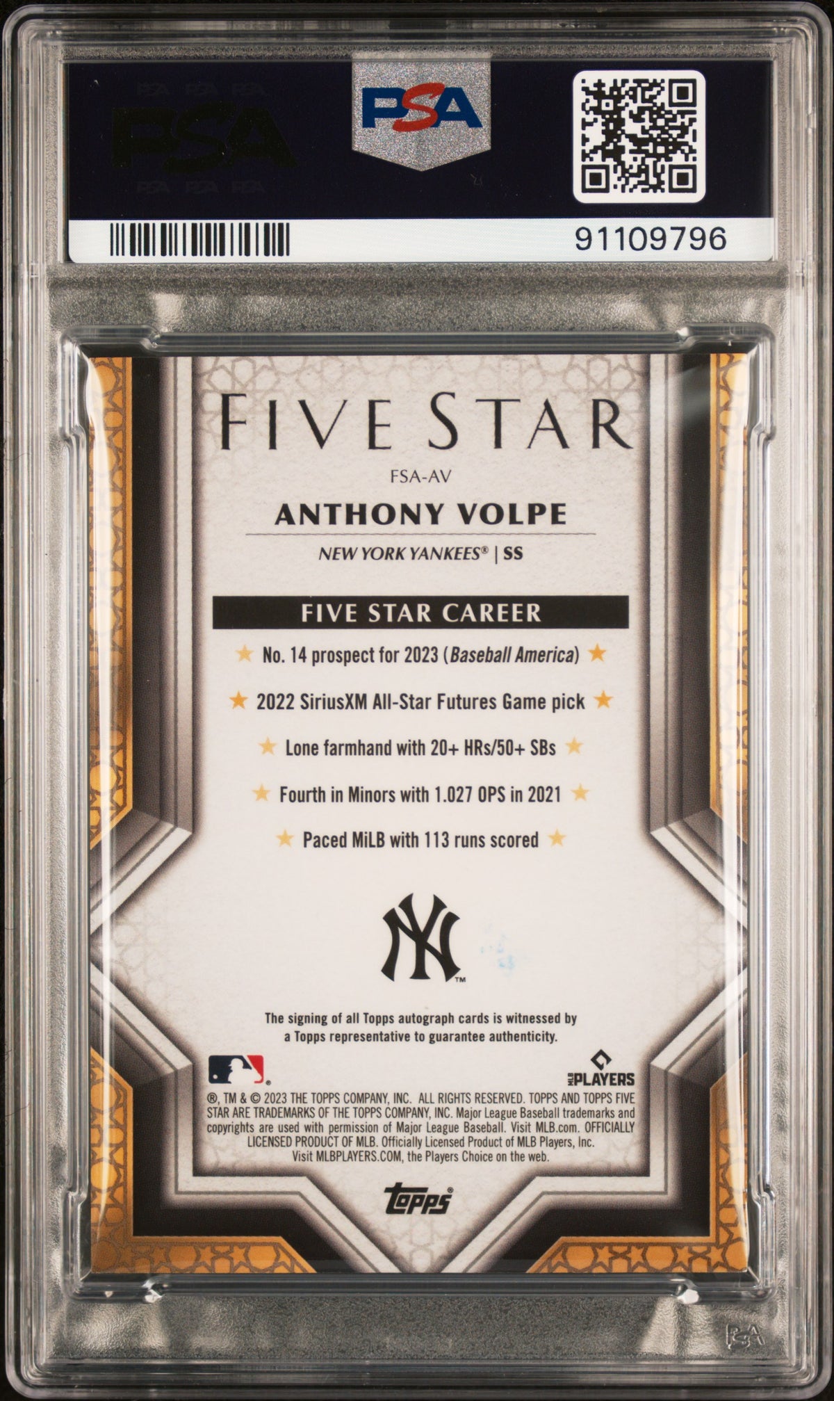 2023 Topps Five Star Autographs Anthony Volpe #FSAAV Blue 17/25 PSA 9