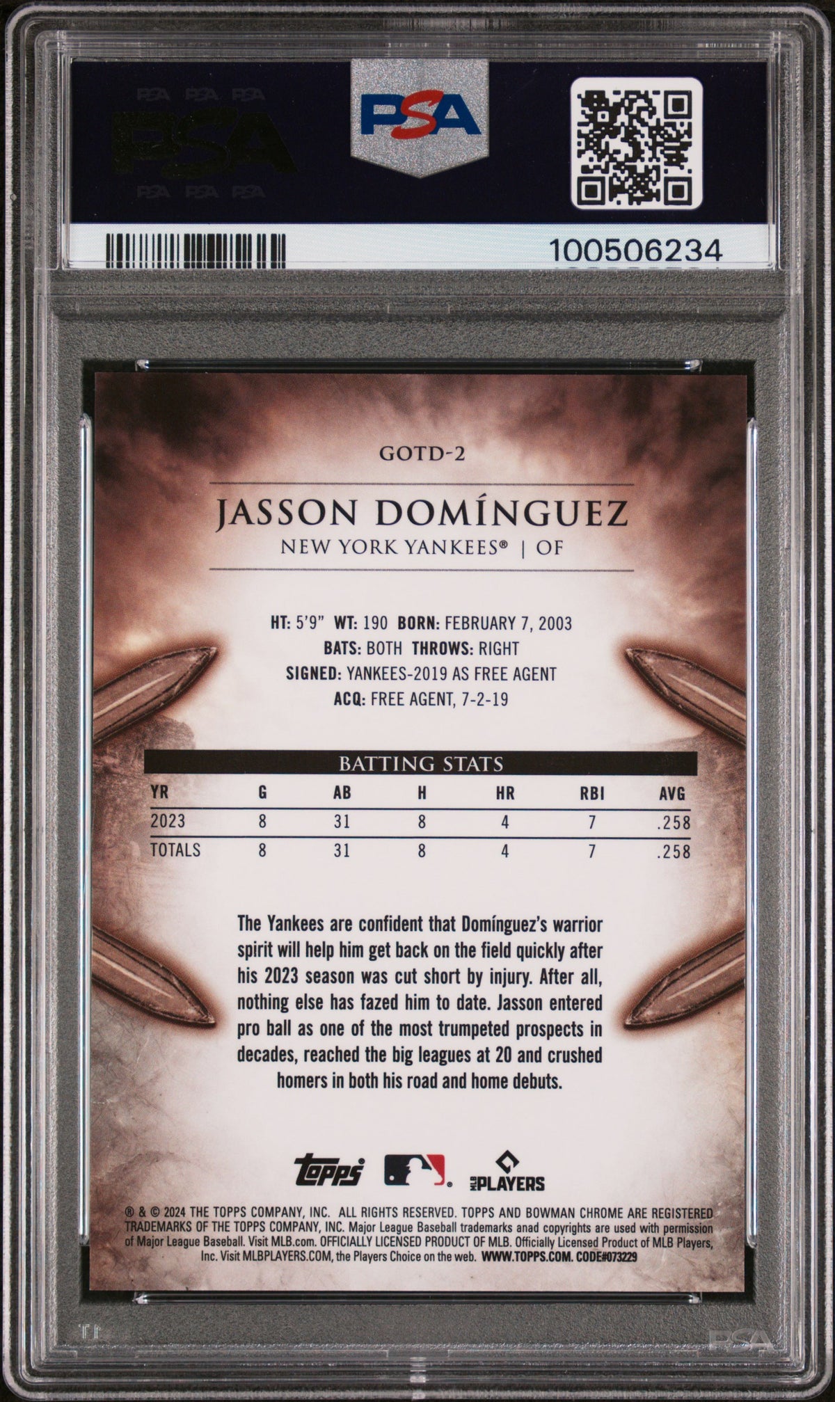 2024 Bowman Gladiators Of The Diamond Jasson Dominguez #GOTD2 Mini /150 PSA 10