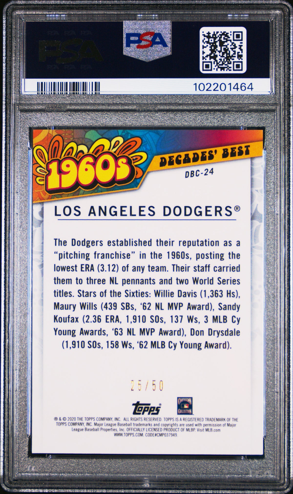 2020 Topps Decades'  Chrome Los Angeles Dodgers #DBC24  Gold Refractor PSA 10