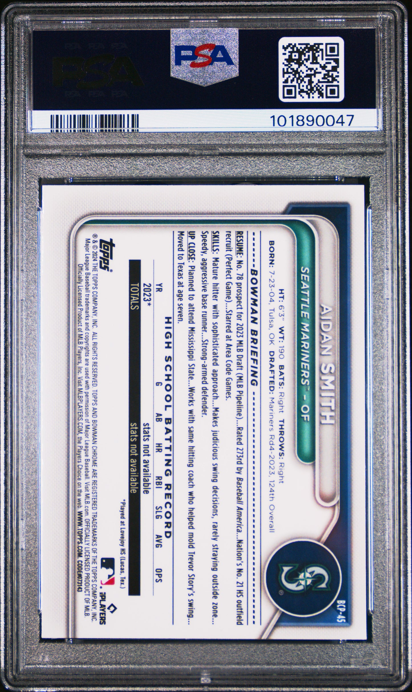 2024 Bowman Sapphire Edition Chrome Prospects Aidan Smith #BCP45 PSA 9