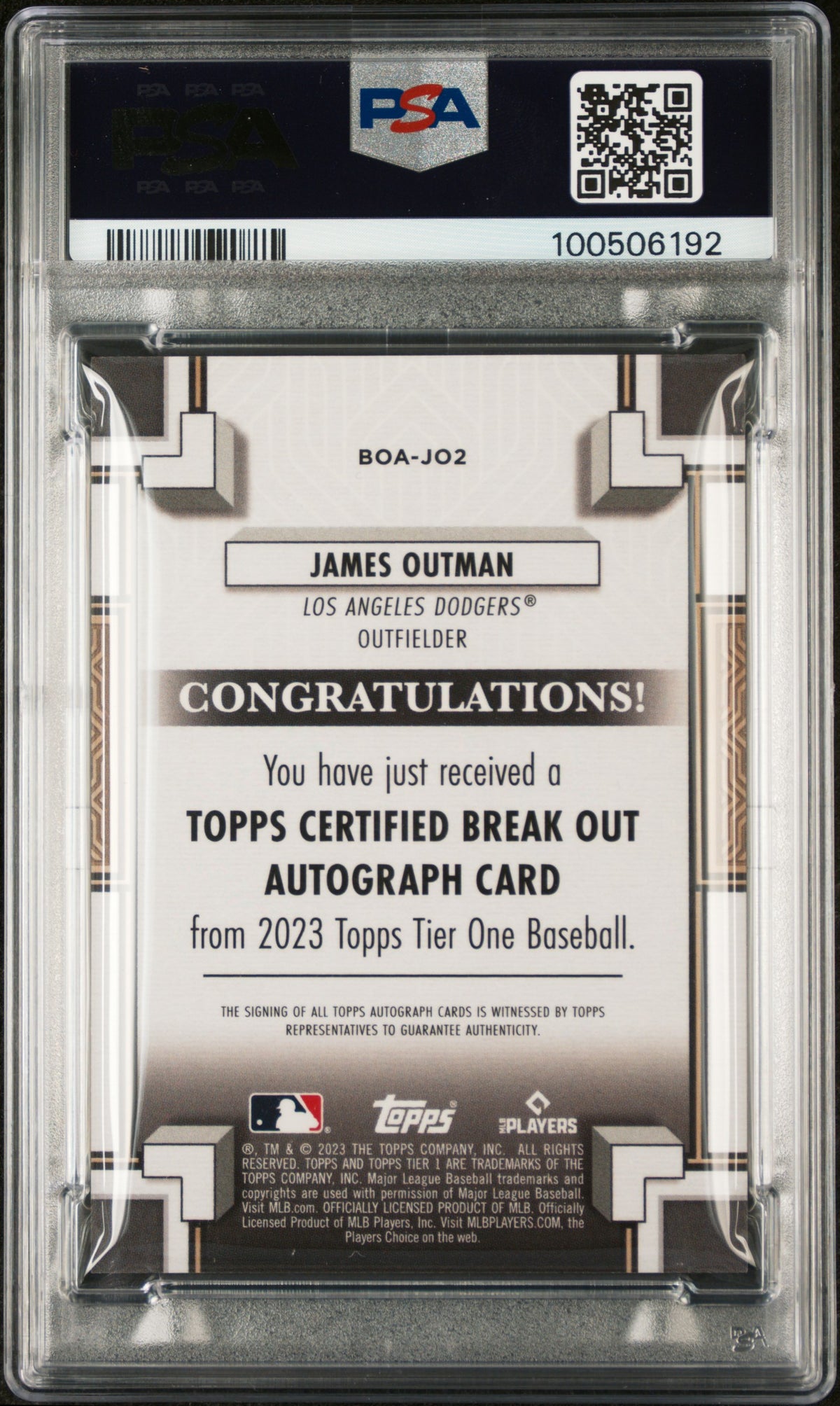 2023 Topps Tier One Break Out Autographs James Outman #BOAJO2 /299 PSA 8