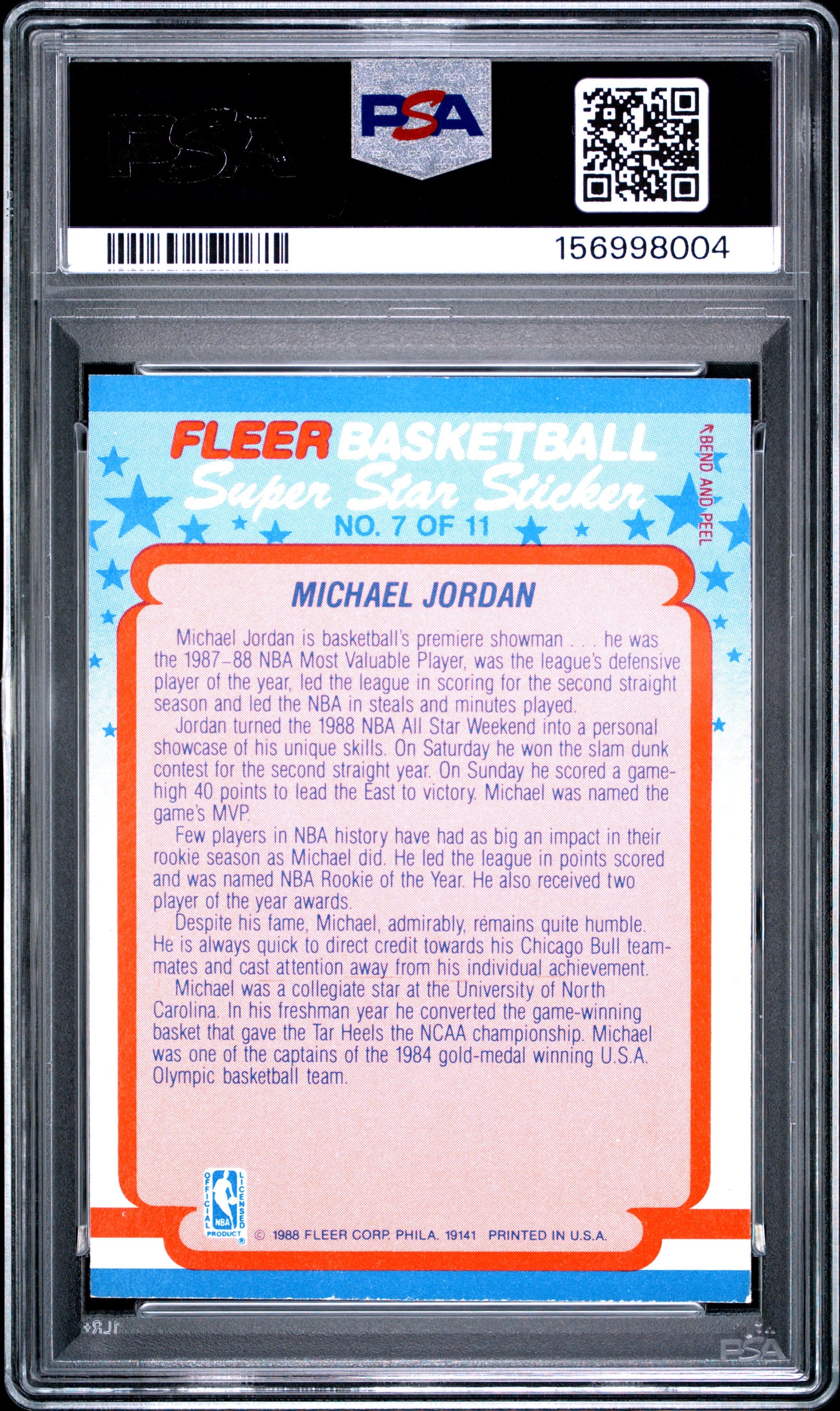 1988 Fleer Sticker Michael Jordan #7 PSA 6
